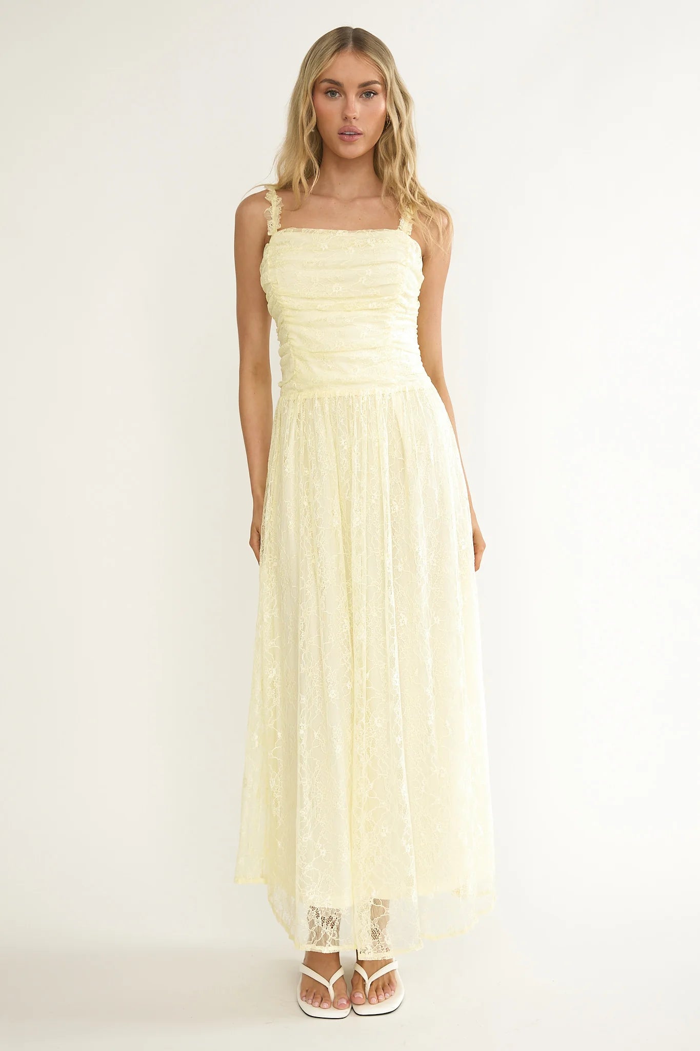 Dahlin Frill Strap Lace Overlay Maxi Dress Butter