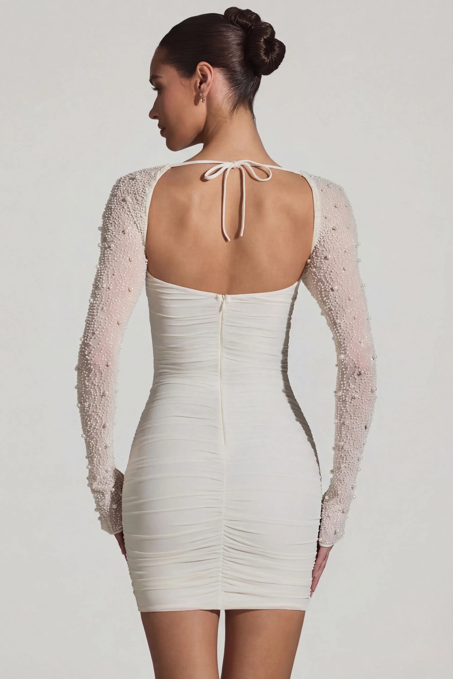 Embellished Long-Sleeve Mini Dress in White
