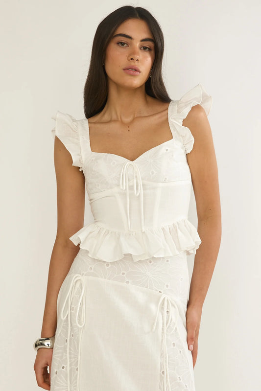 Danette Frill Trim Embroidery Top White