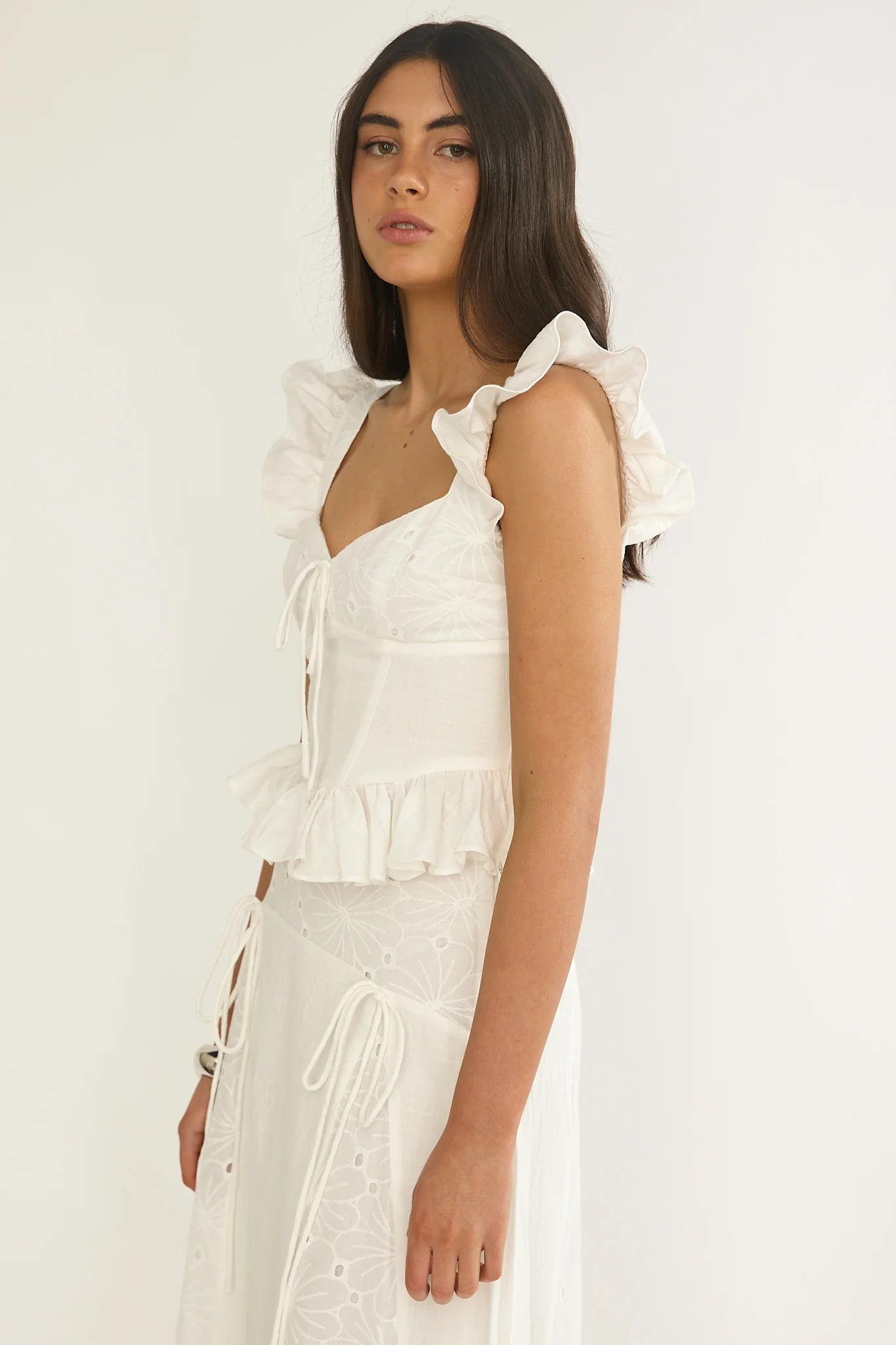 Danette Frill Trim Embroidery Top White