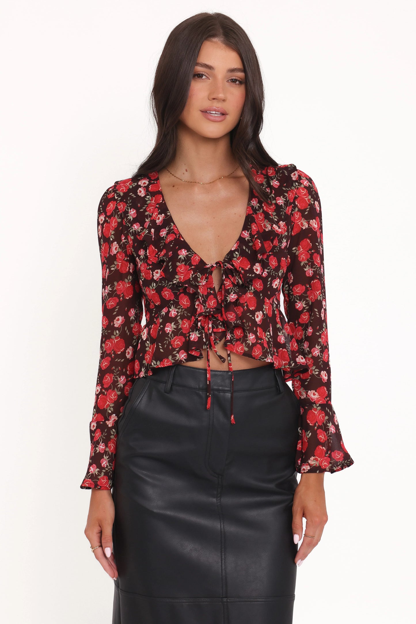 Aveline Chiffon Ruffle Front Top - Brown Floral
