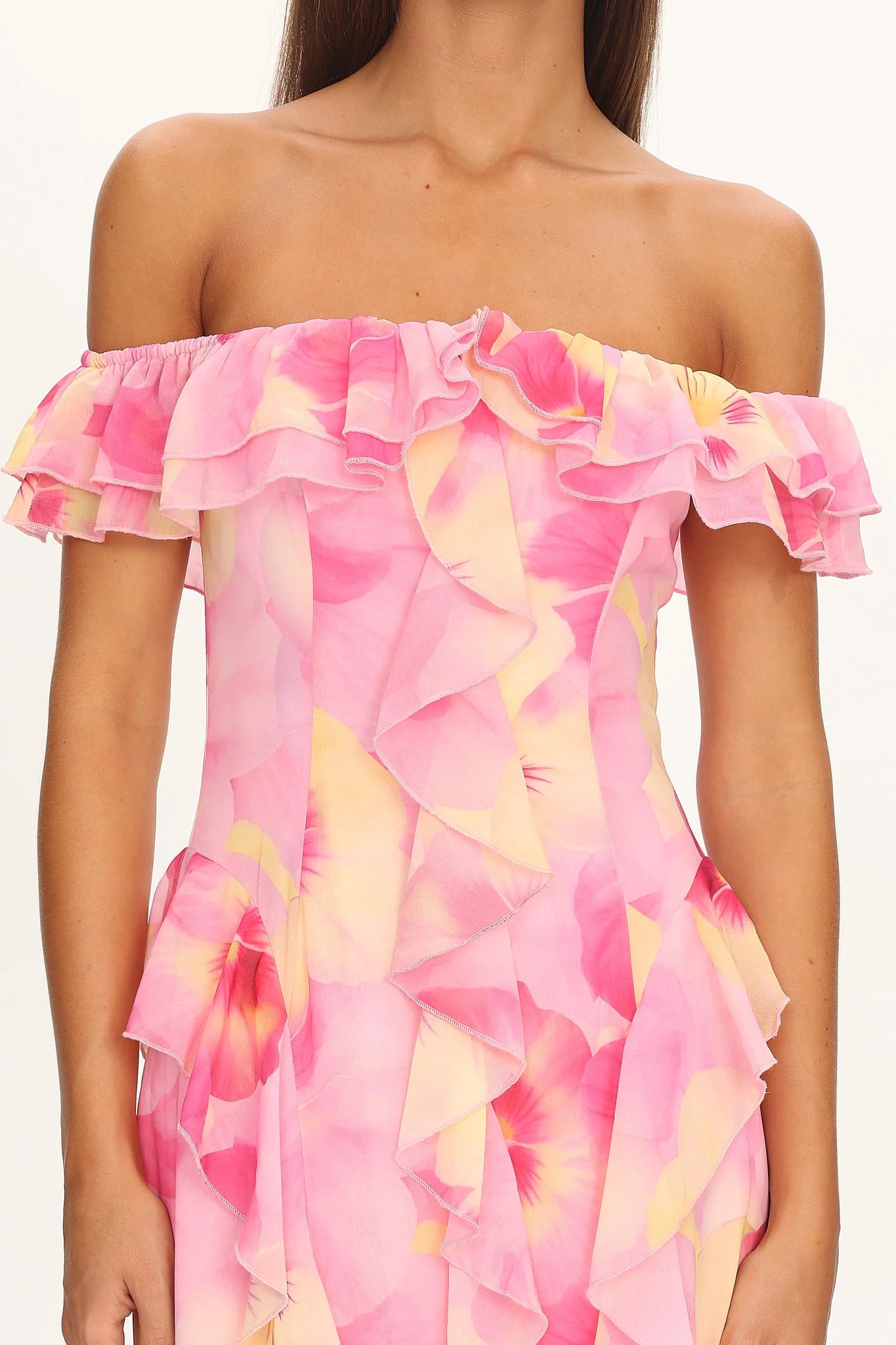 Scarlet Off-Shoulder Ruffle Trim Maxi Dress Print Pink