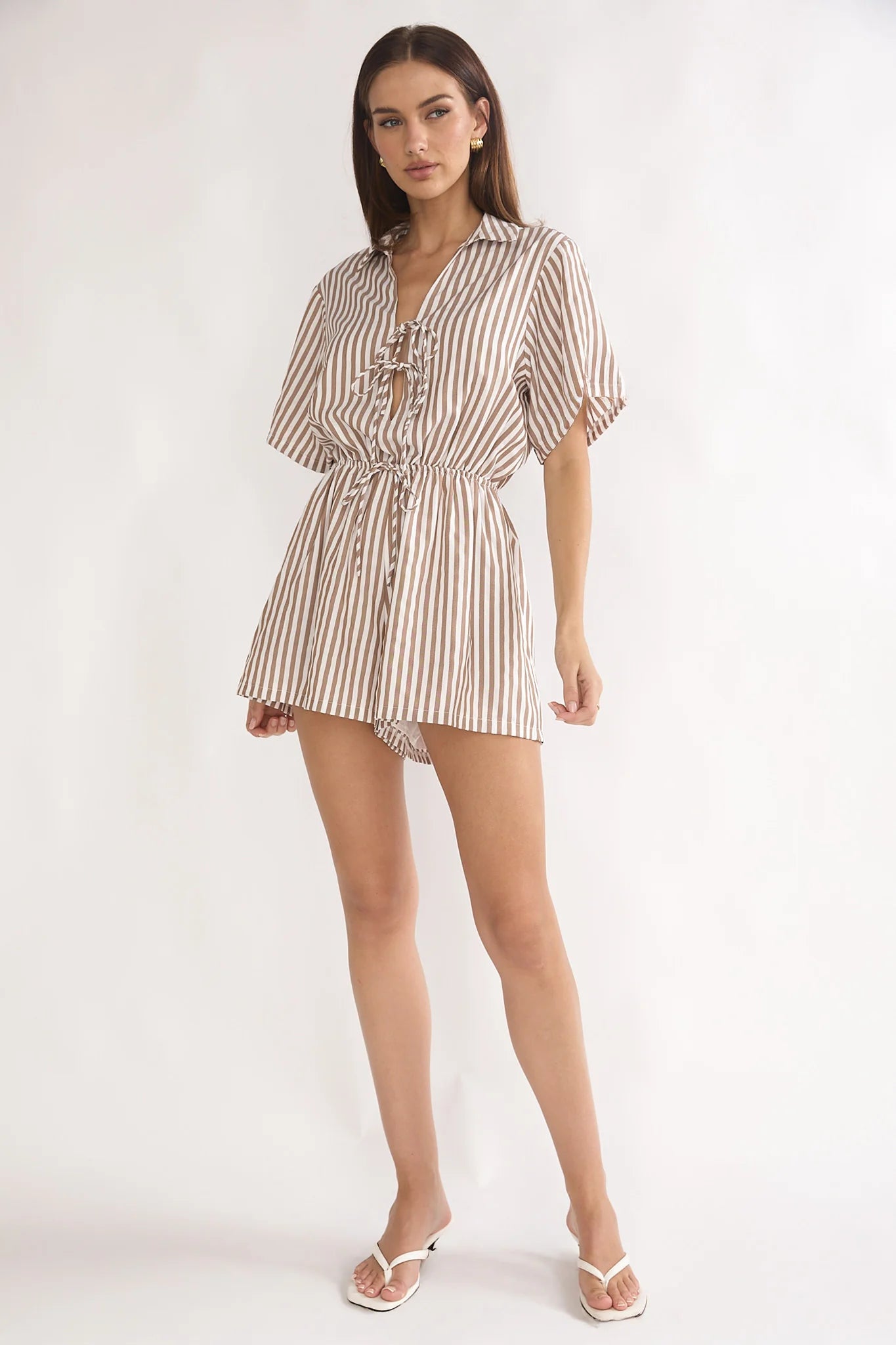 Devon Tie Front Romper Stripe Chocolate