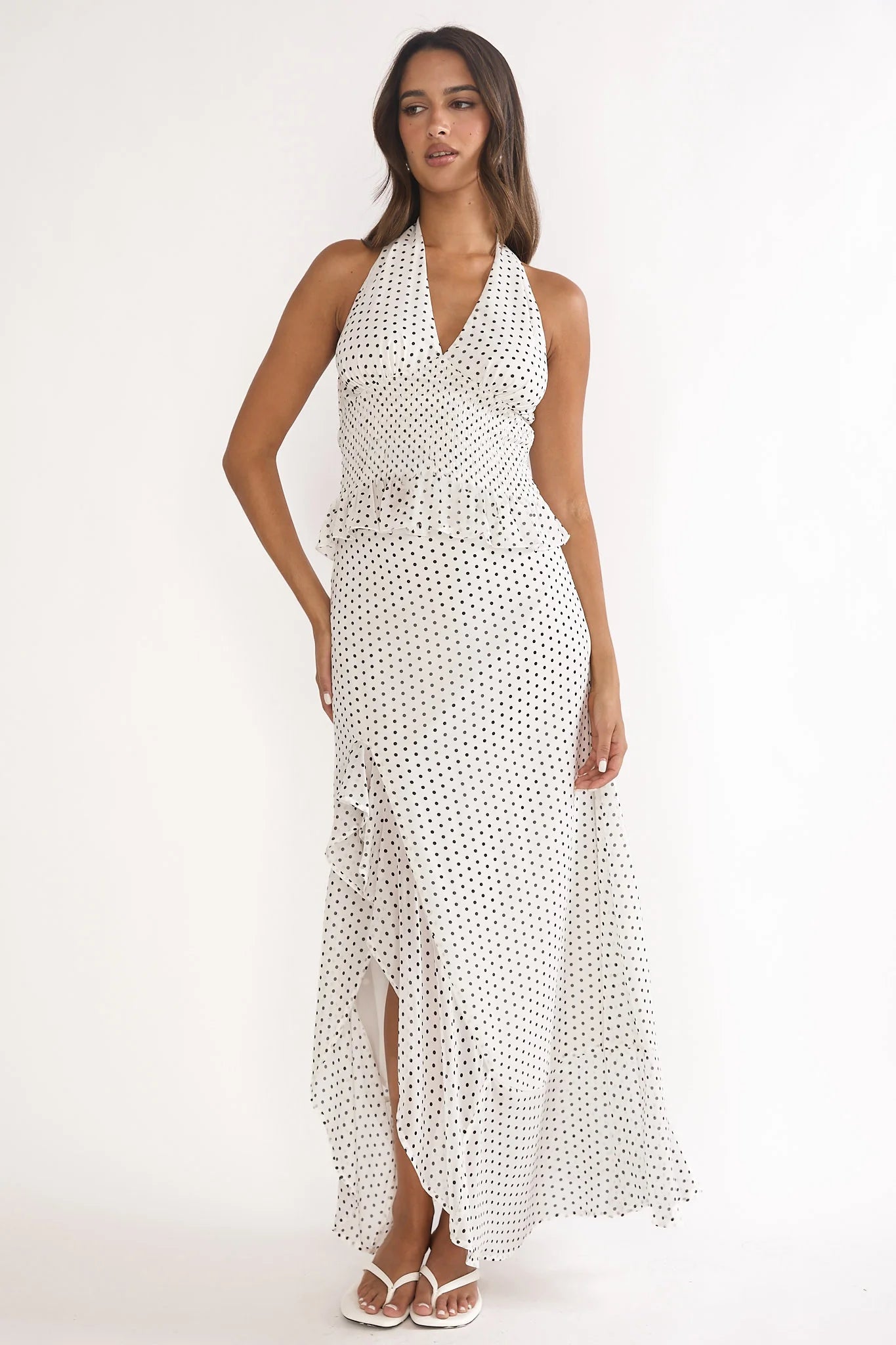Caliah Ruffle Split Maxi Skirt Polka Dot Ivory