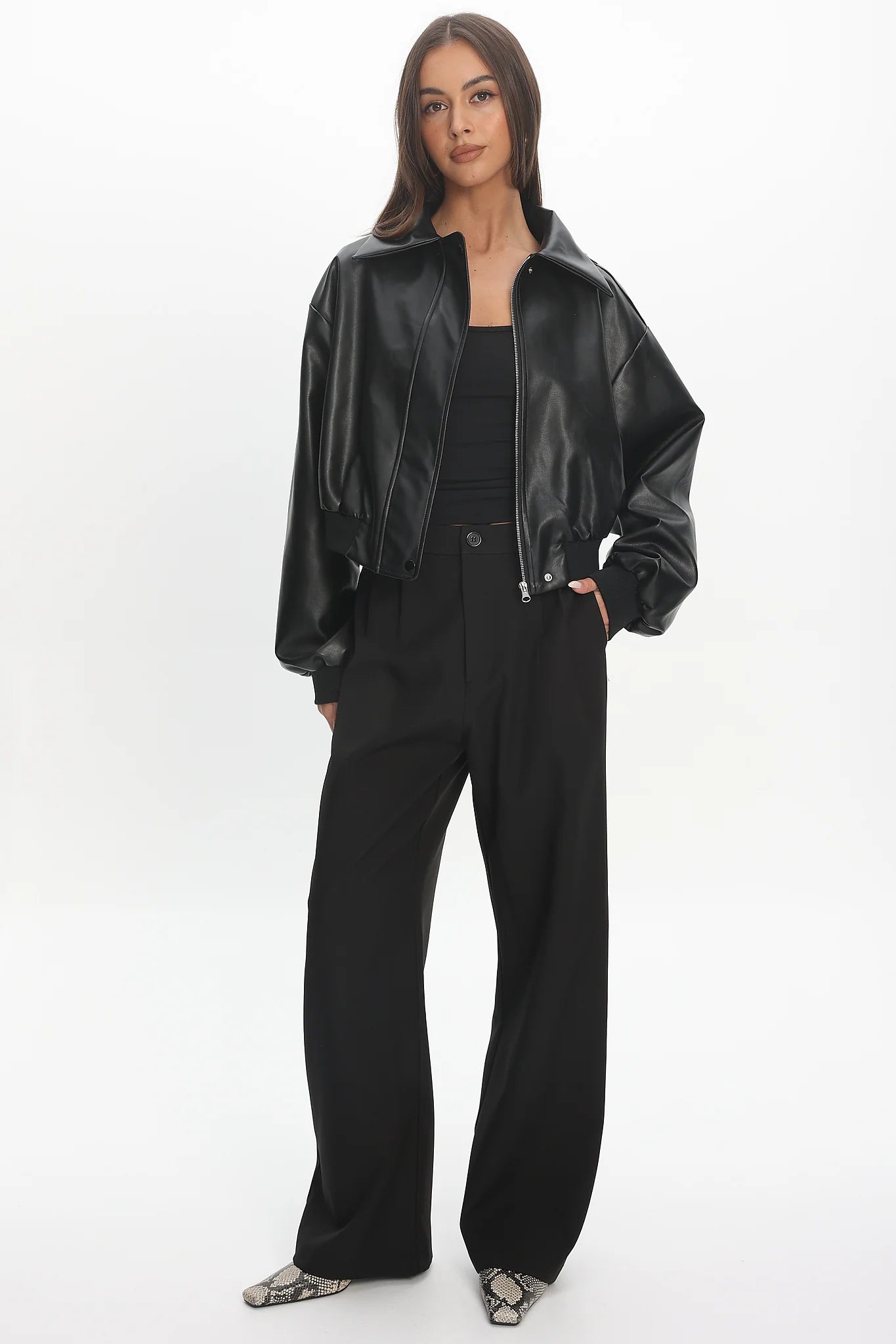 Charley Faux Leather Bomber Jacket Black