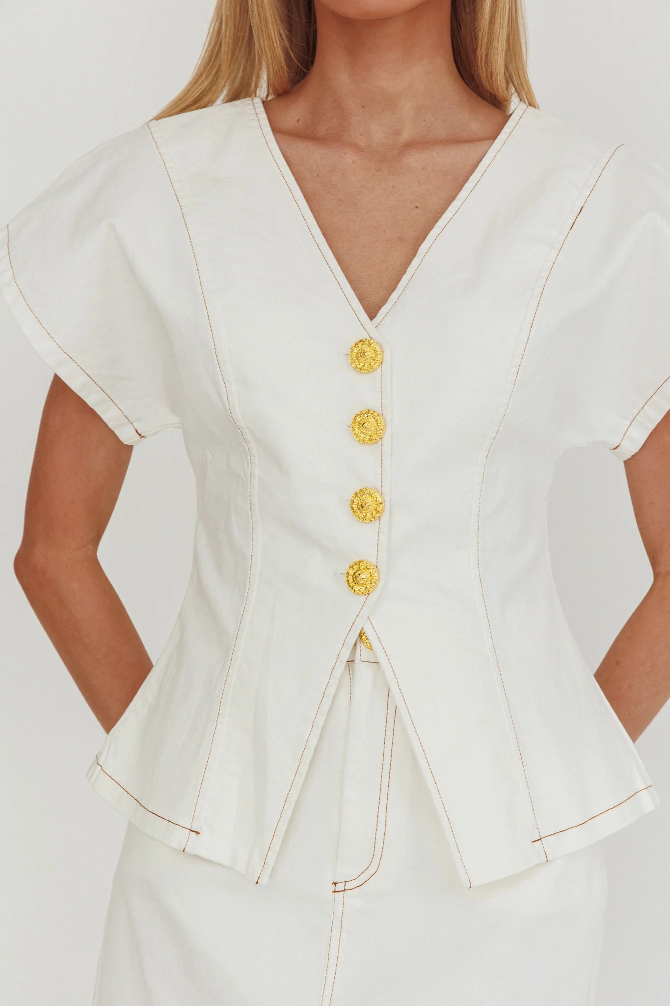 Over It Short Sleeve Button Top Cream