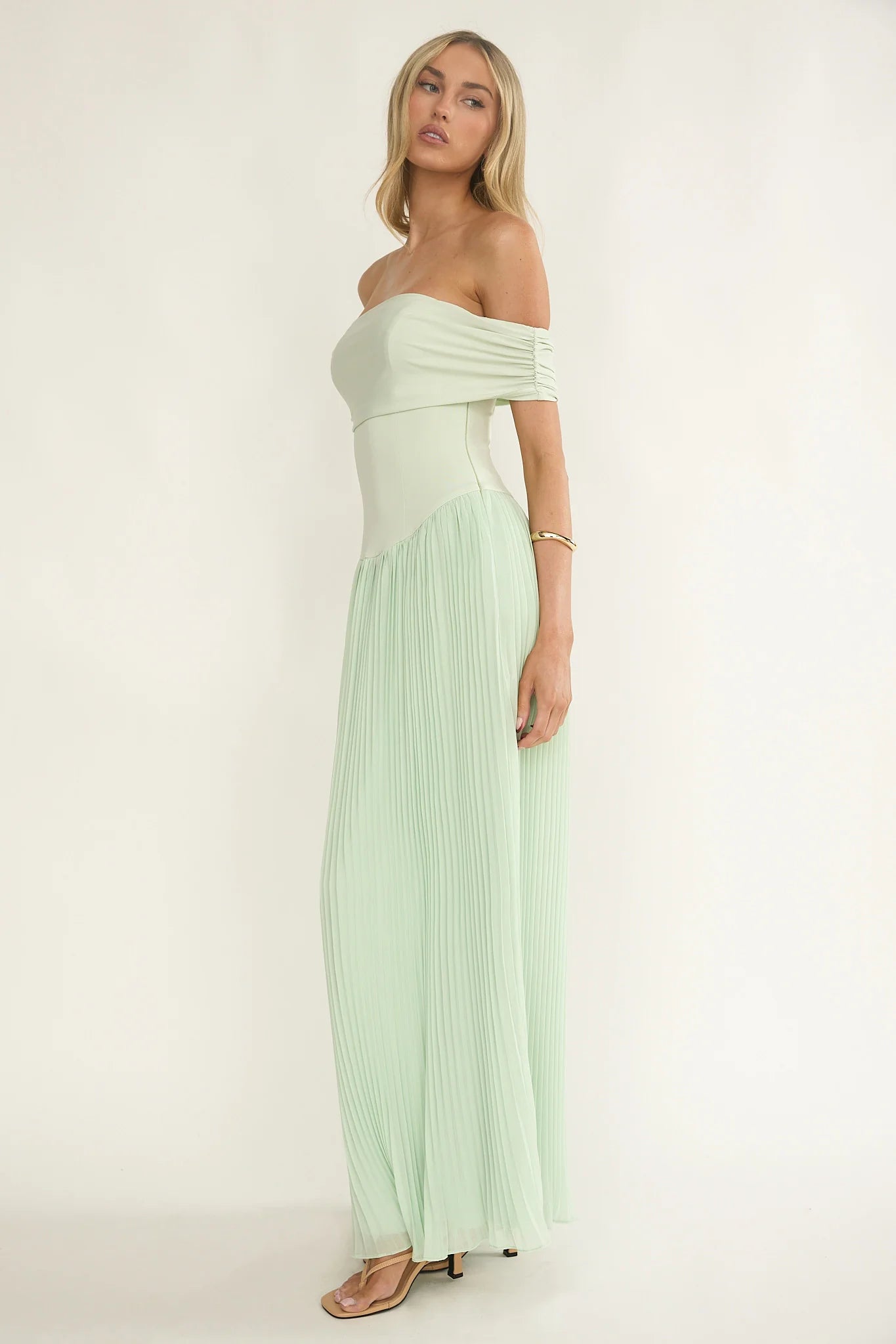Flutters Off-Shoulder Accordion Pleat Dress Sage