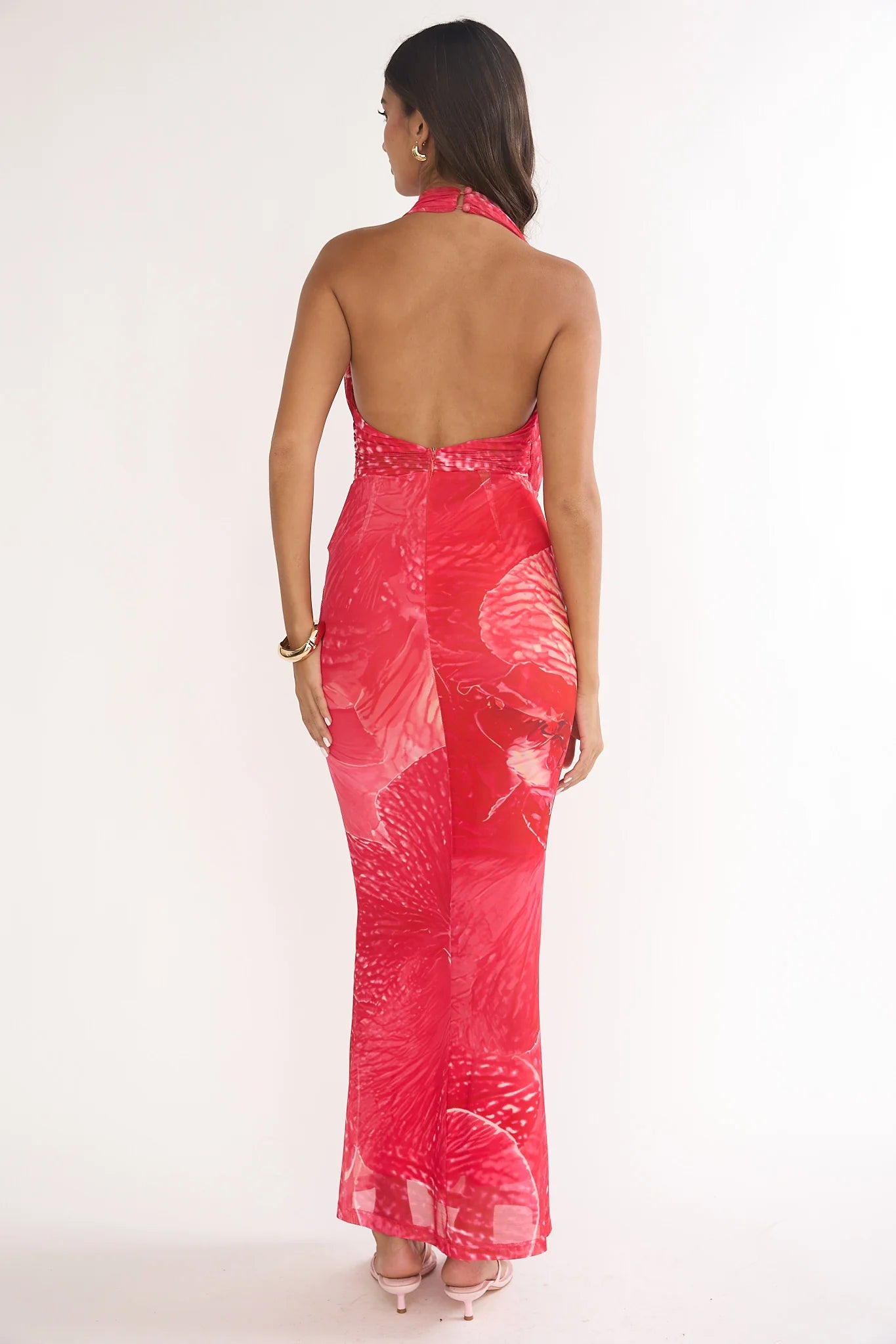 Everra Halterneck Drape Maxi Dress Print Red