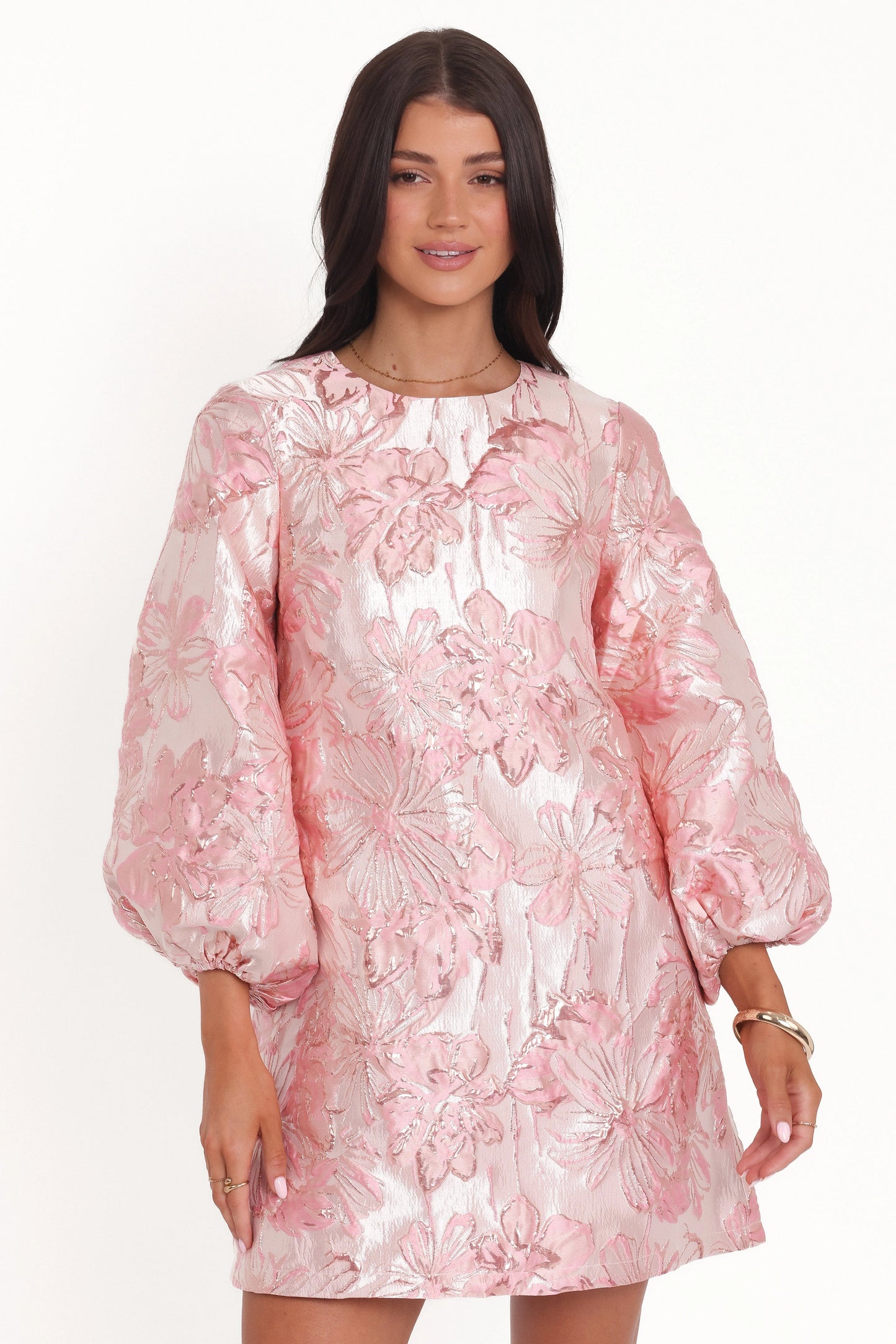 Treloar Long Sleeve Mini Dress - Pink Brocade