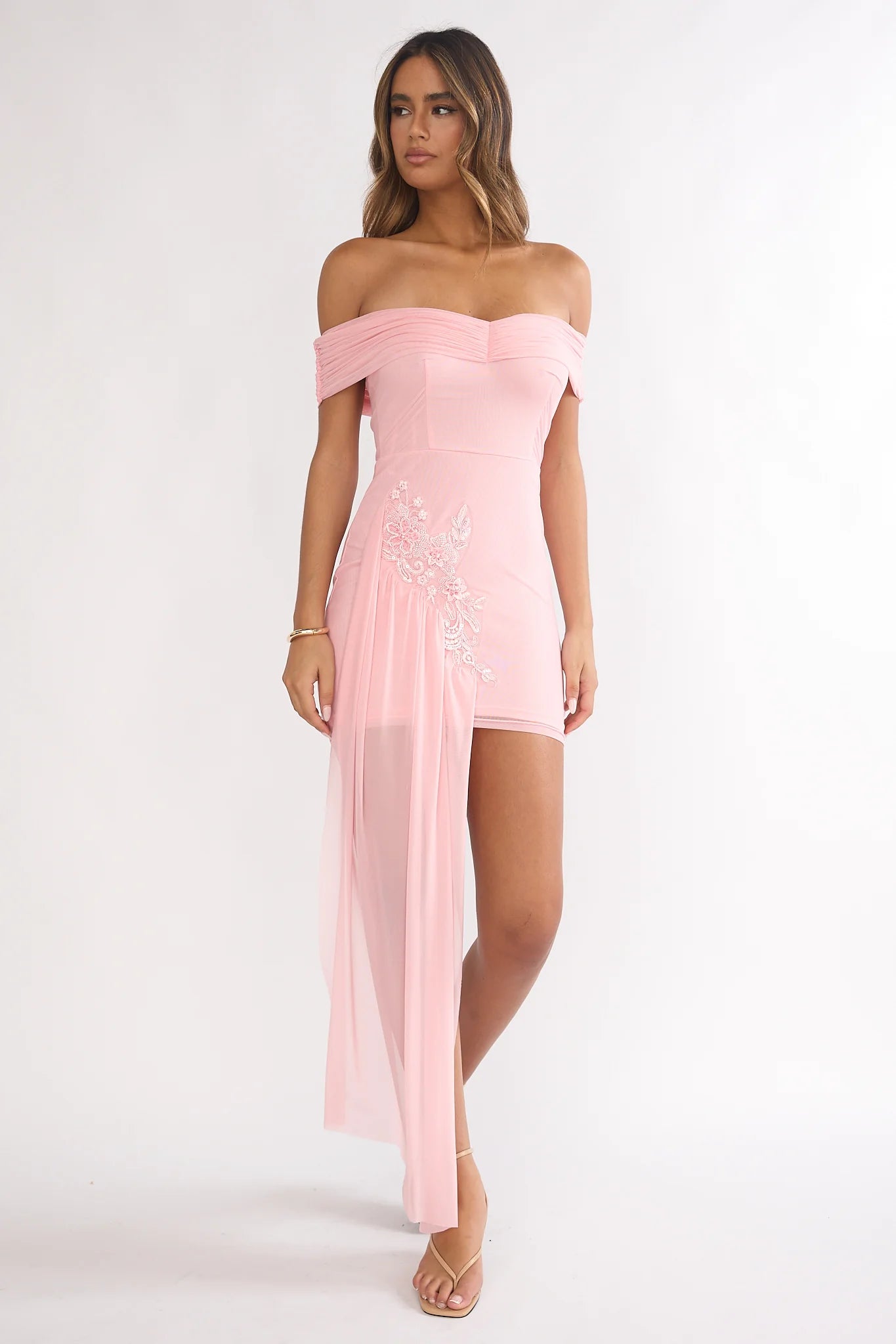 Dahlisse Off-Shoulder Sash Mini Dress Blush