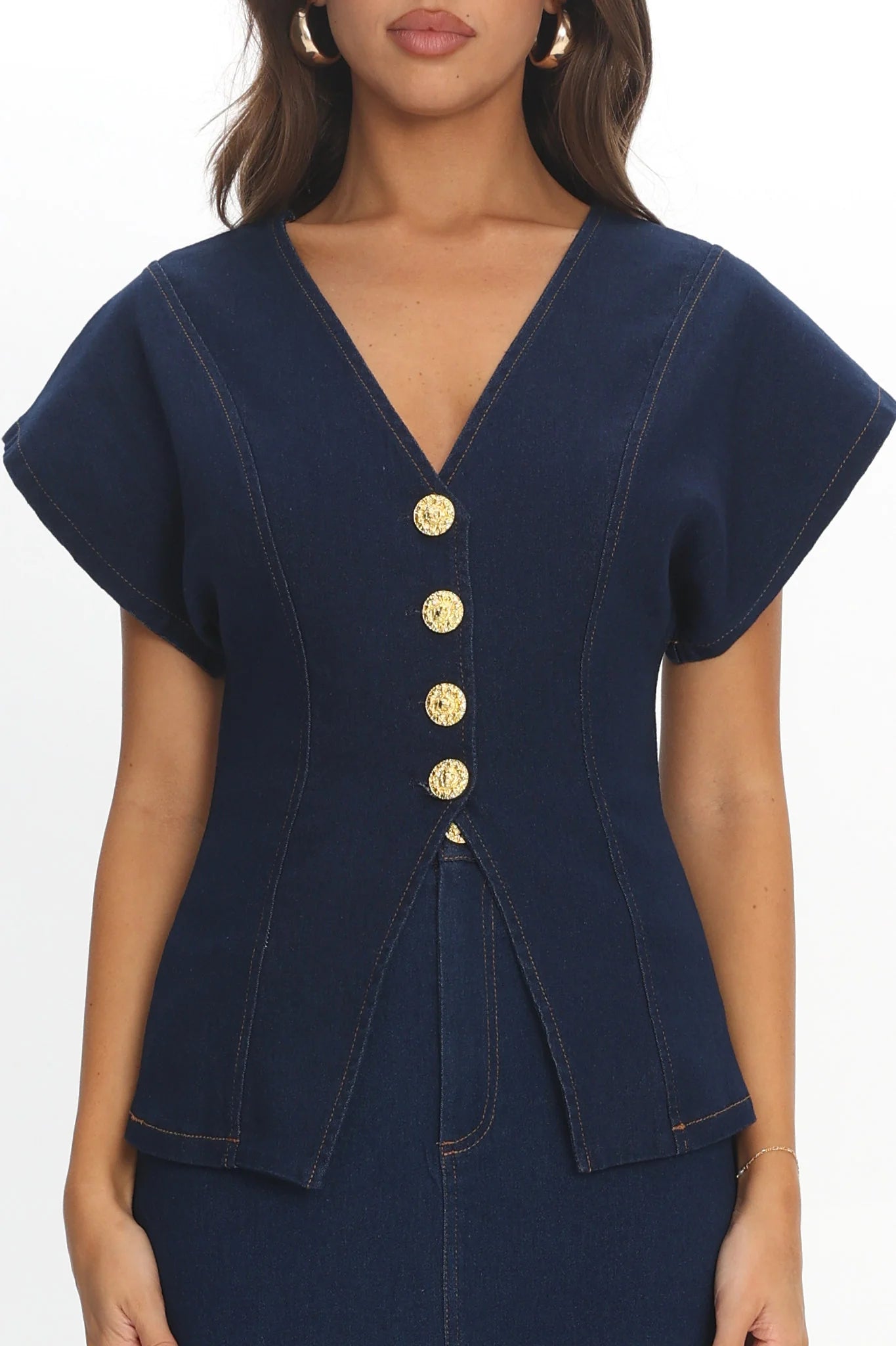 Over It Short Sleeve Button Top Denim