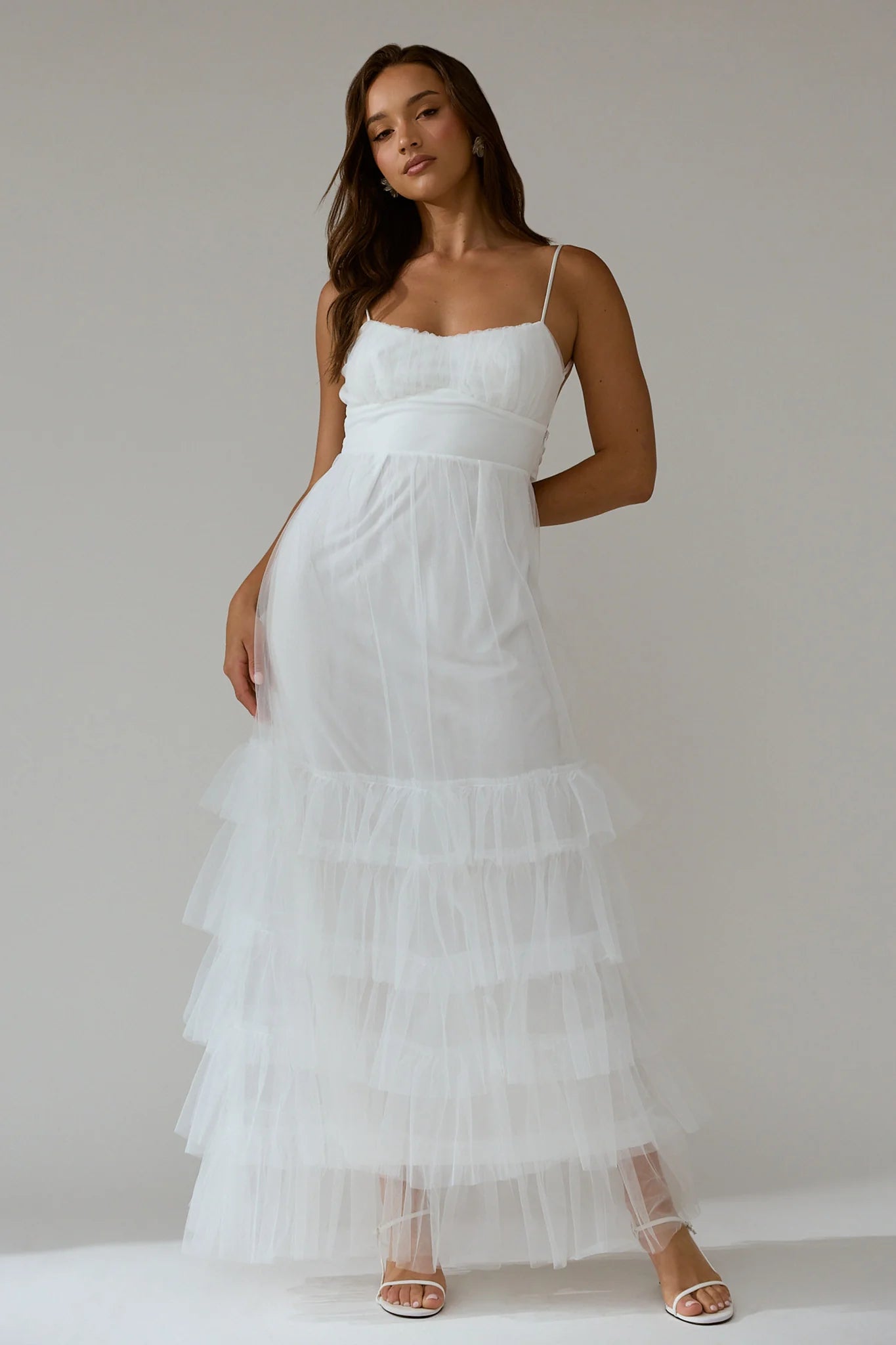 Nerida Twist Back Frill Trim Mesh Maxi Dress White