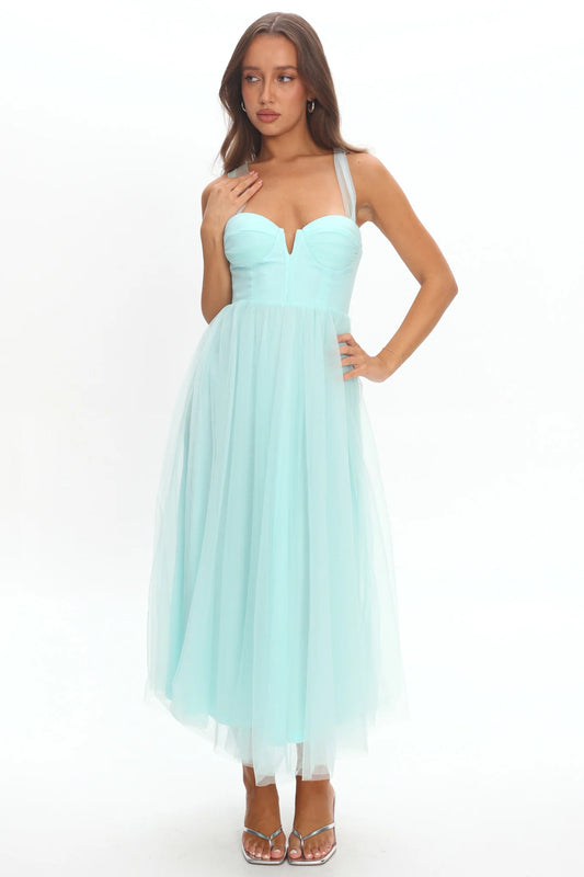 Surreal Lace-Up Back Tulle Midi Dress Mint