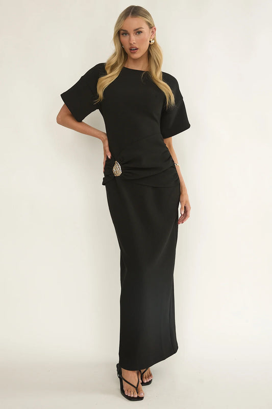 Briona Short Sleeve Buckle Maxi Dress Black
