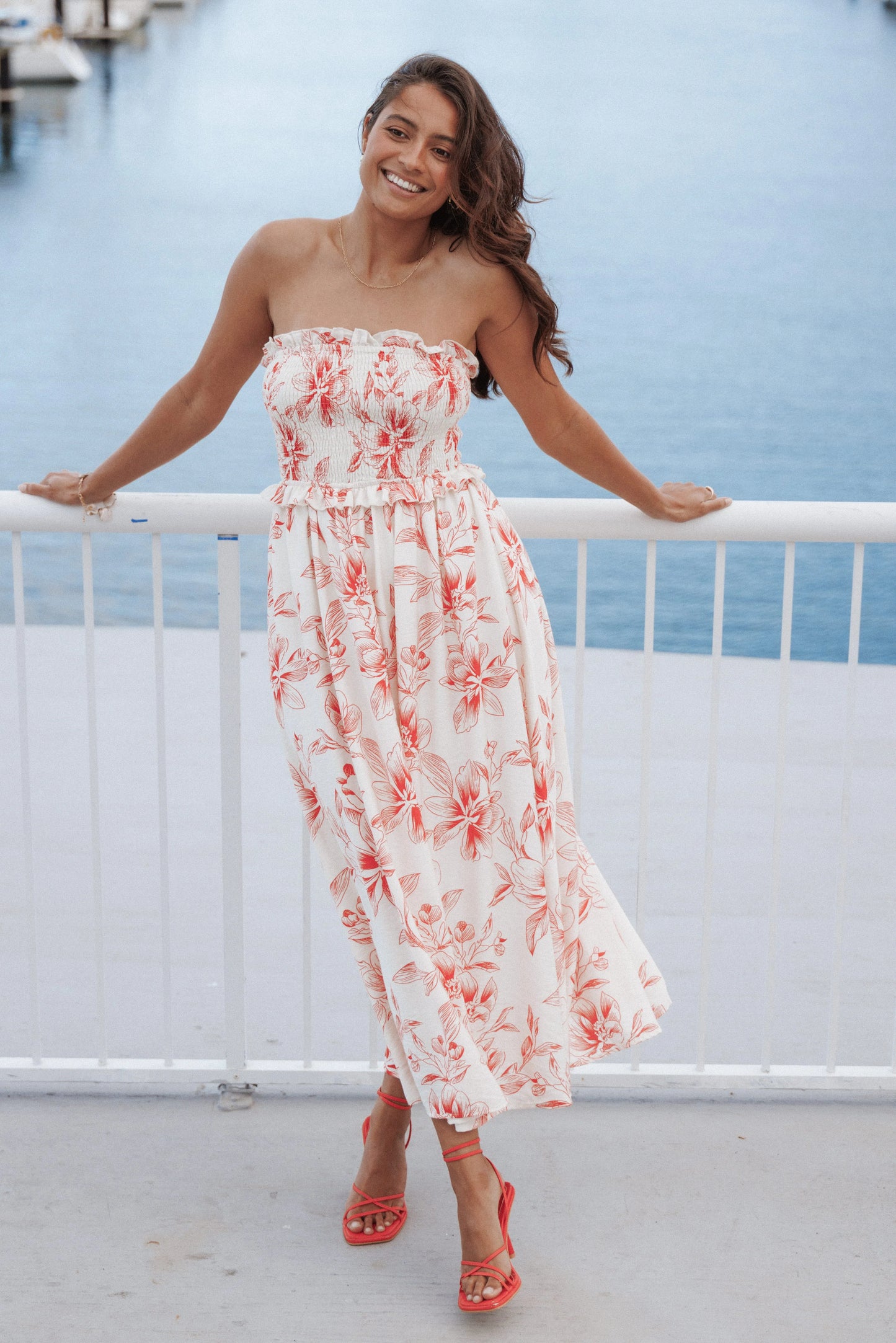 Avania Strapless Midi Dress - Red Floral