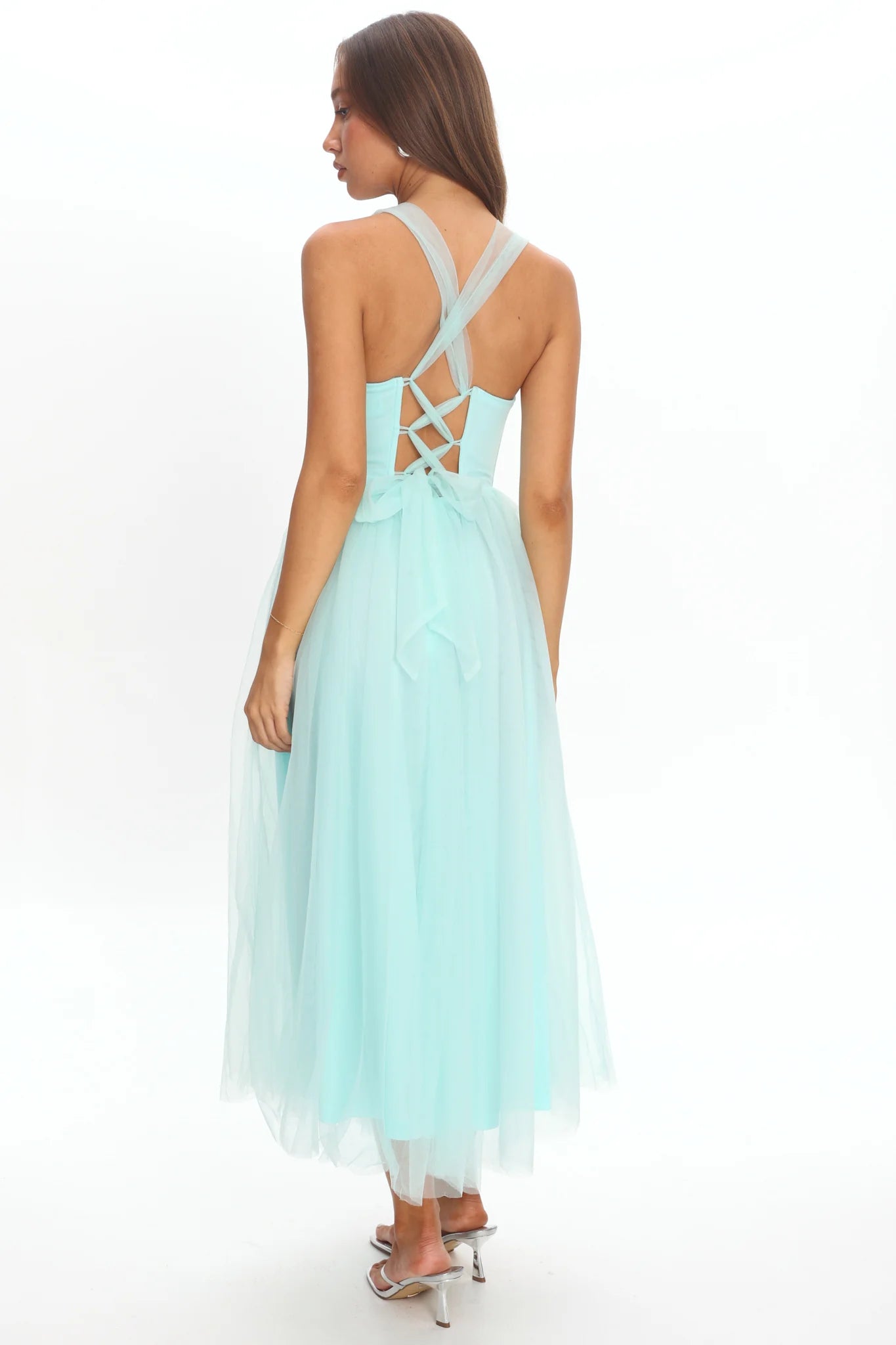 Surreal Lace-Up Back Tulle Midi Dress Mint