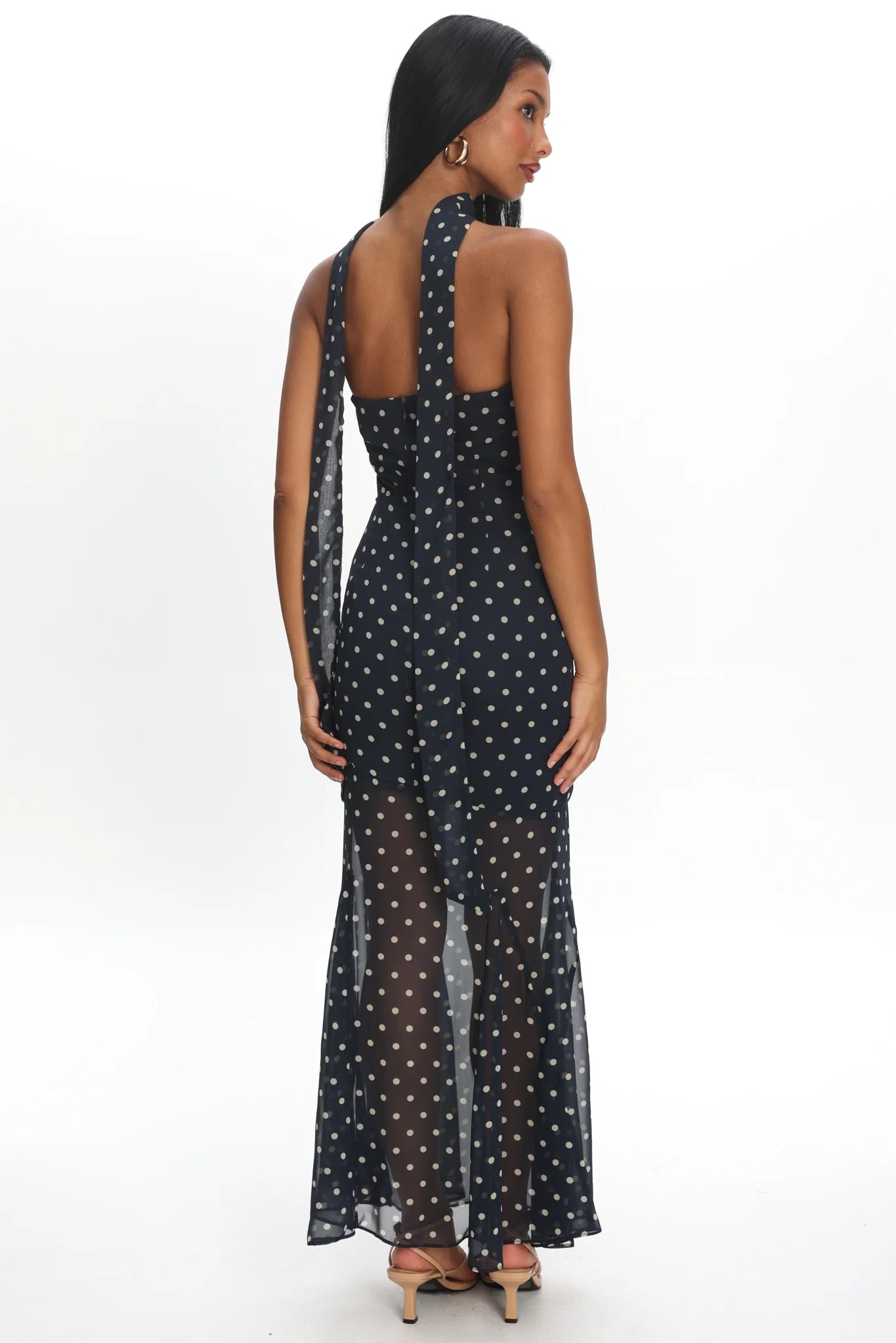 Calluna Strapless Sheer Godet Hem Maxi Dress Print Navy