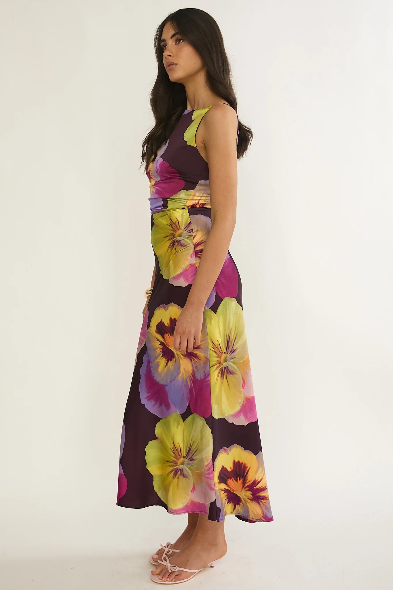 Floating Strappy Low Back Maxi Dress Pansies Plum