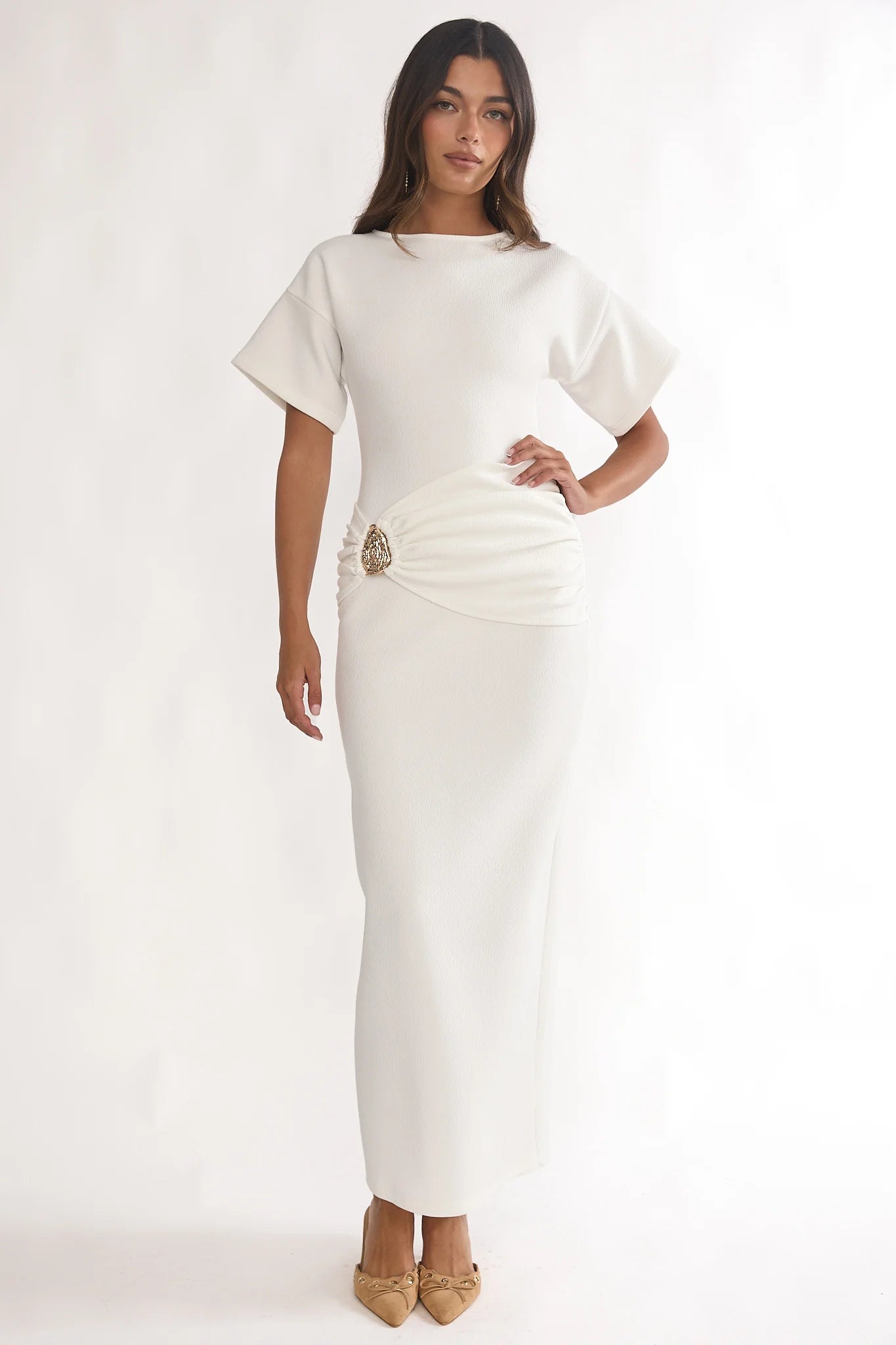 Briona Short Sleeve Buckle Maxi Dress White