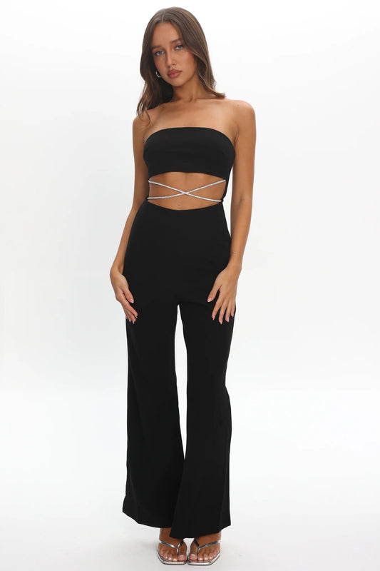 Nohemi Strapless Diamante Jumpsuit Black