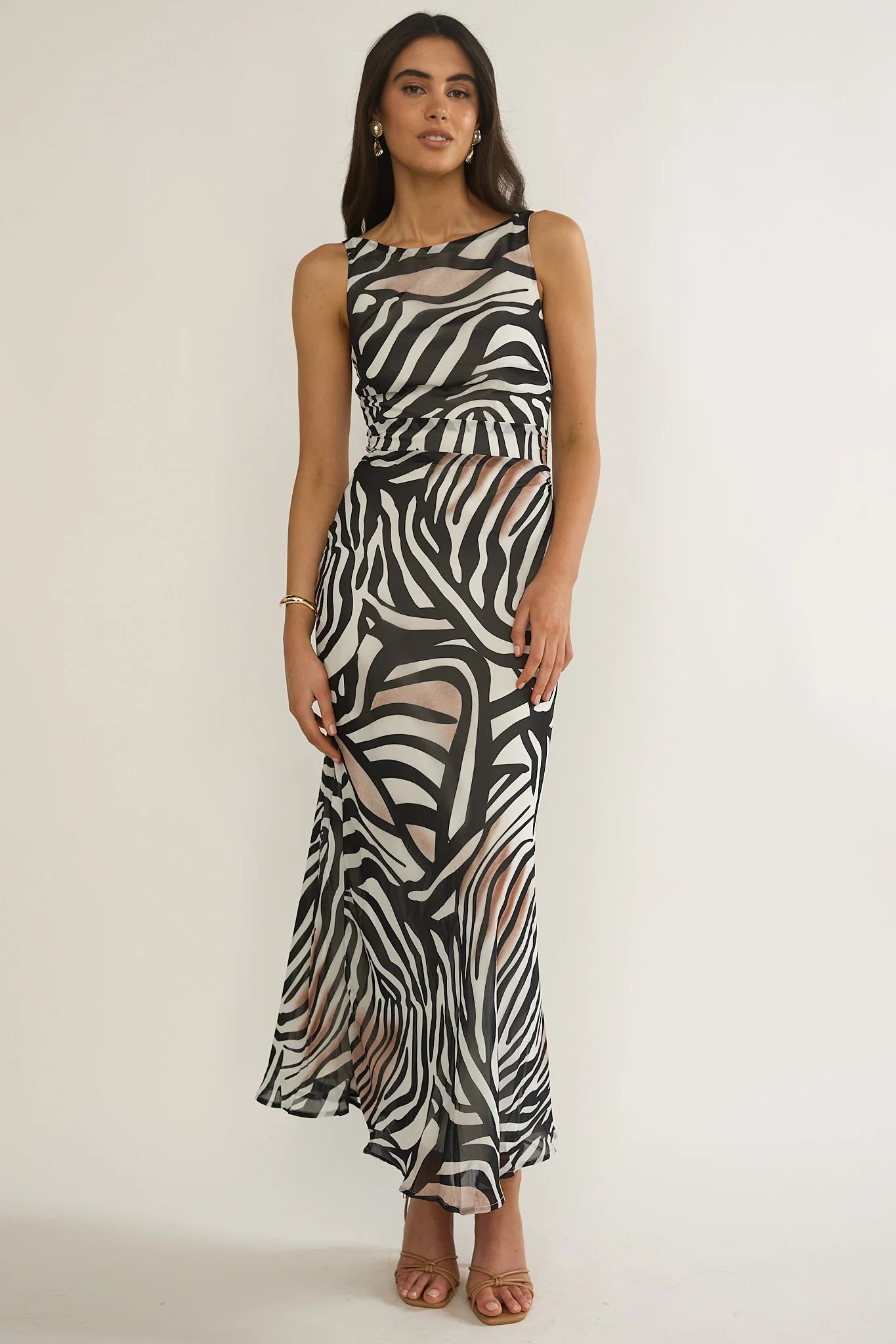 Floating Tied Low Back Maxi Dress Print Black/White