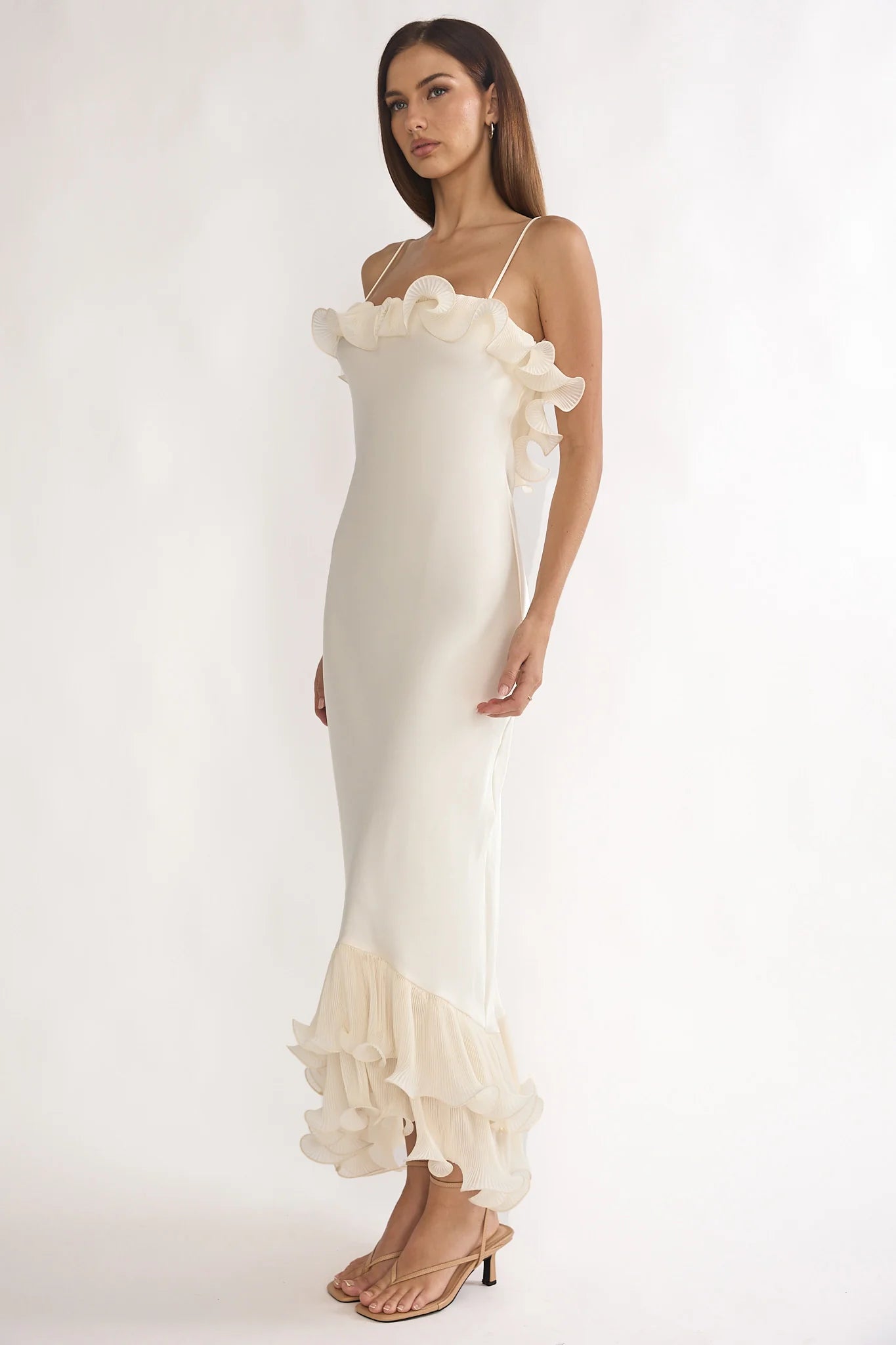 Okay, Cupid Low Back Ruffle Trim Maxi Dress Oyster