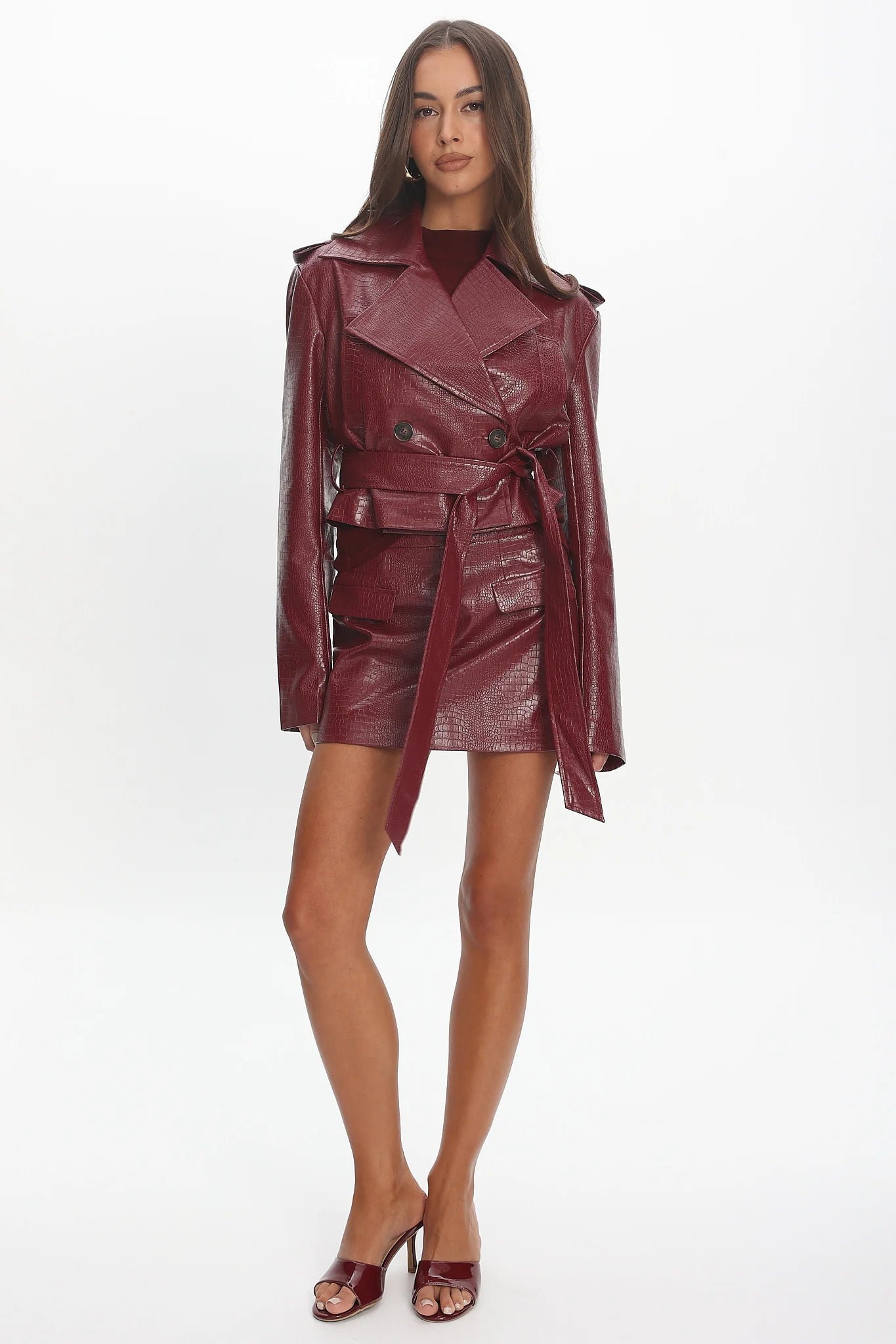 Nial Faux Leather Crop Jacket Burgundy