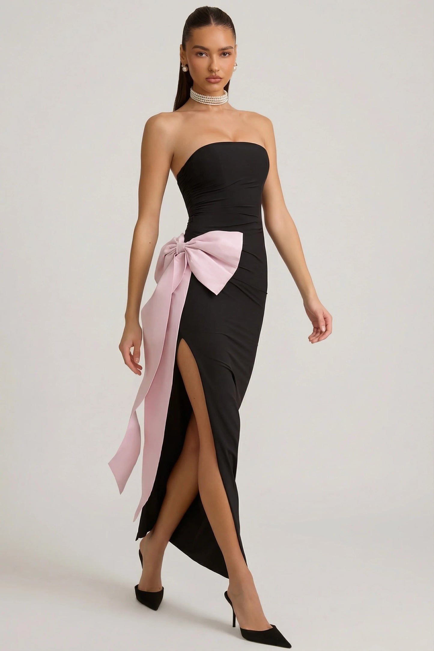 Strapless Bow-Detail Maxi Dress in Black