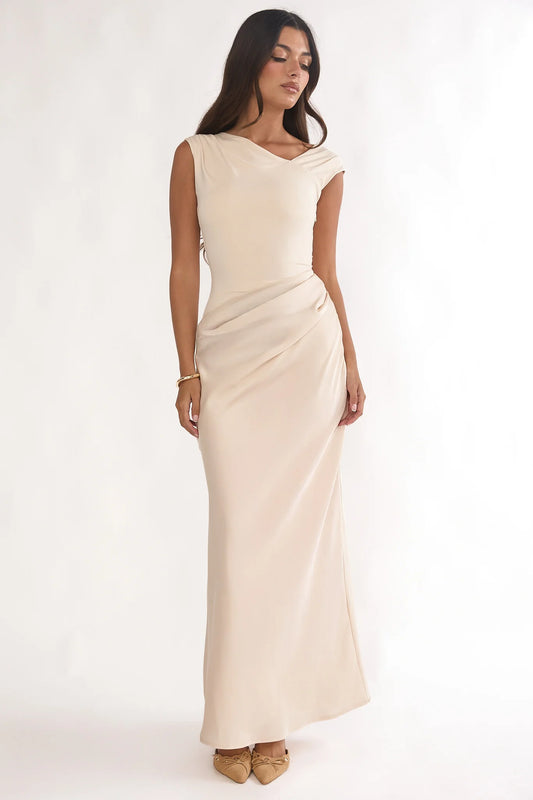Brinelle Side Pleat Maxi Dress Ecru