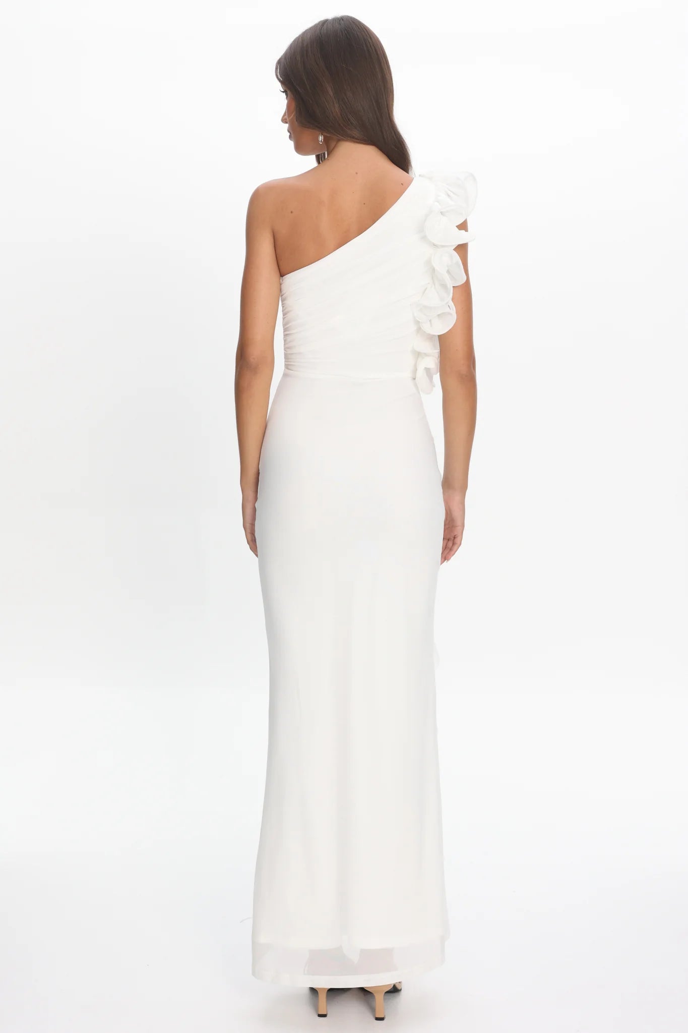 Deanna One-Shoulder Split Ruffle Maxi Dress Off White