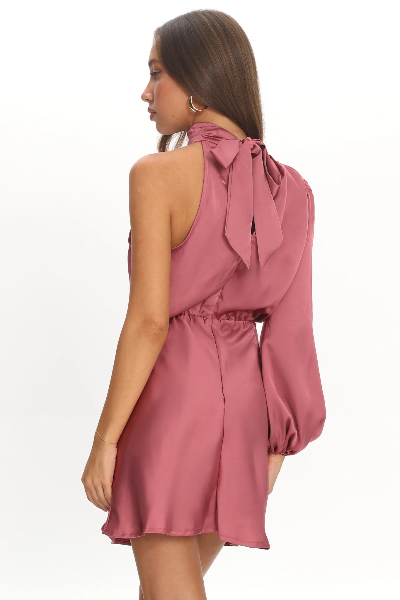 Can't Compete One Sleeve Satin Mini Dress Dusty Pink