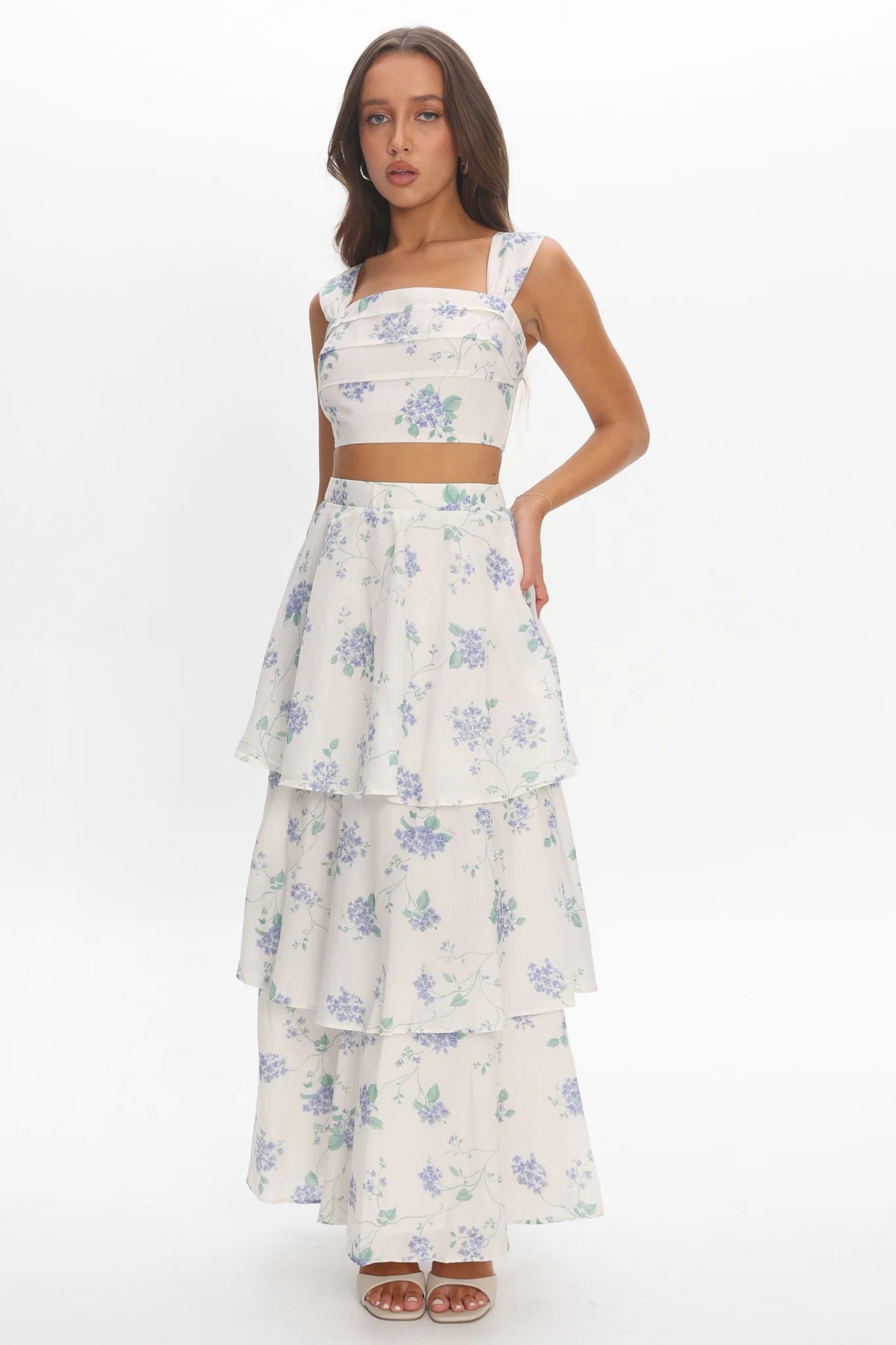 Dixon Tiered Maxi Skirt Floral Beige
