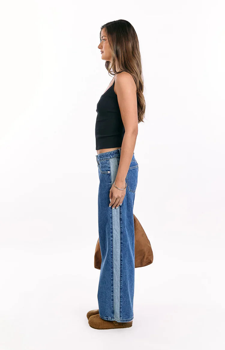 Roonie Contrast Stripe Mid Wash Denim Low Rise Jeans