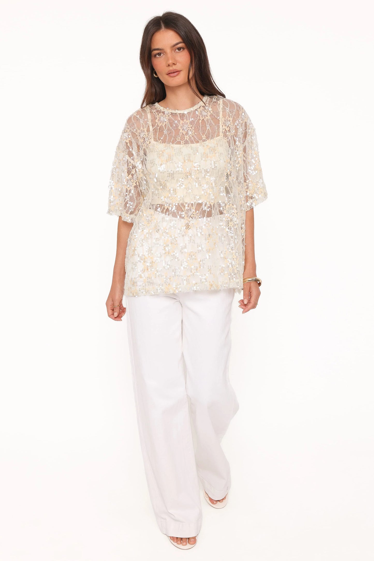Yonder Sheer Lace Tee Top - Pale Yellow