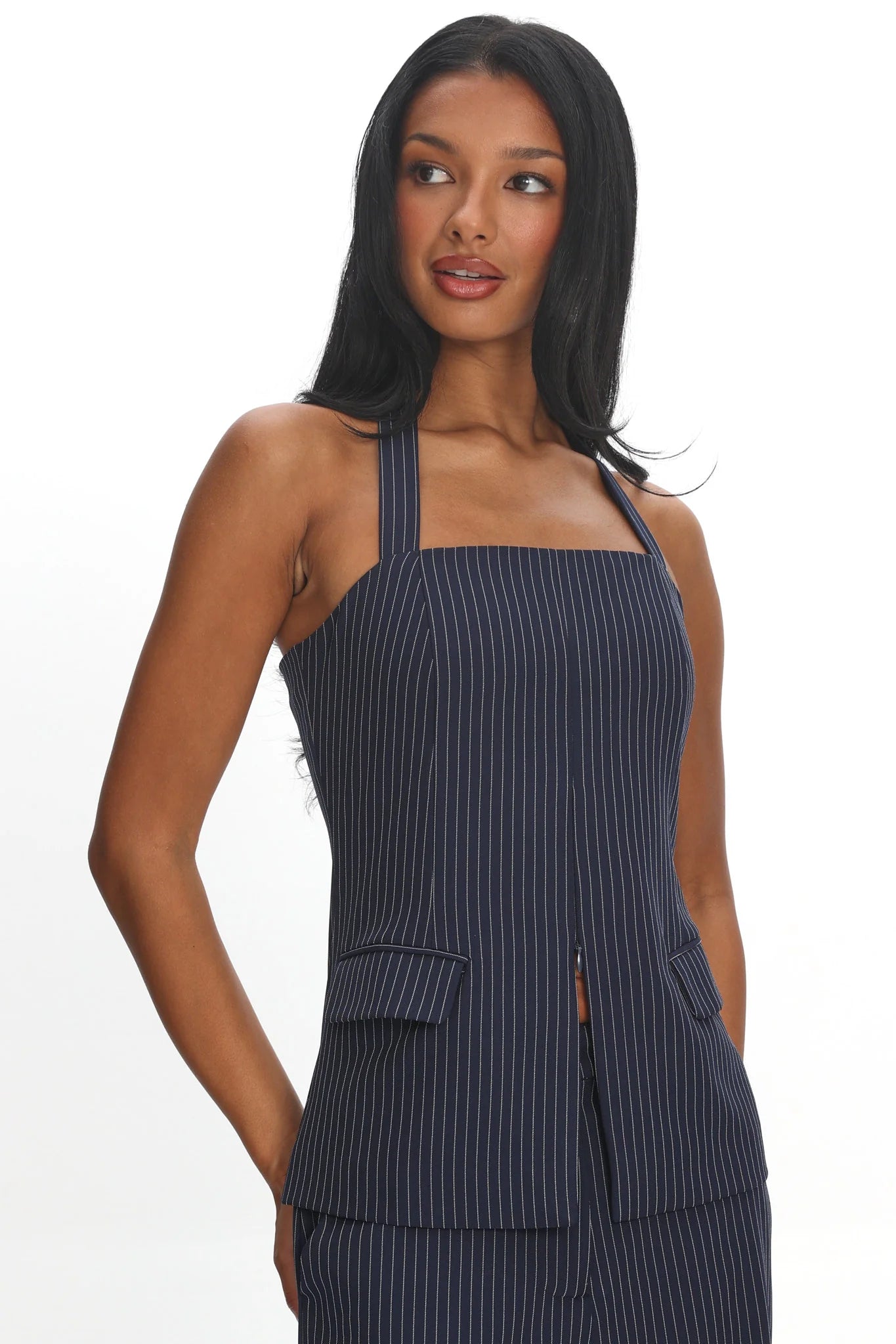 Renee Front Zip Halter Top Pinstripe Navy