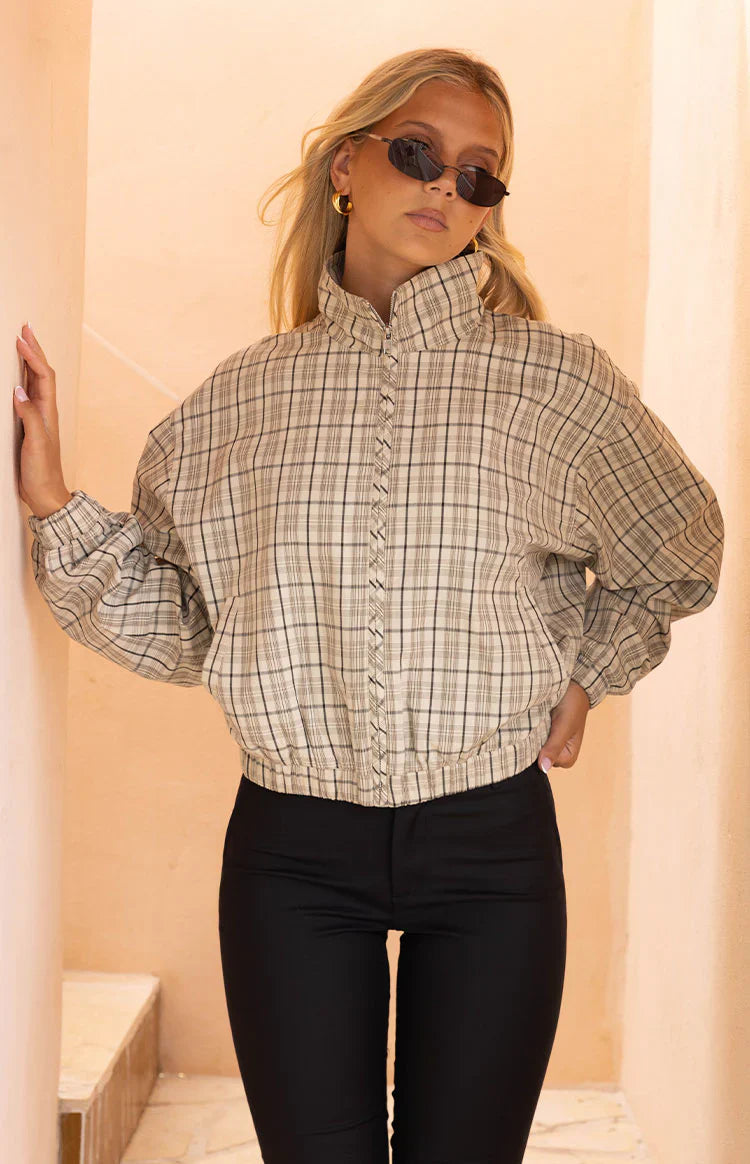 Lee Beige Plaid Funnel Neck Jacket - PRE ORDER