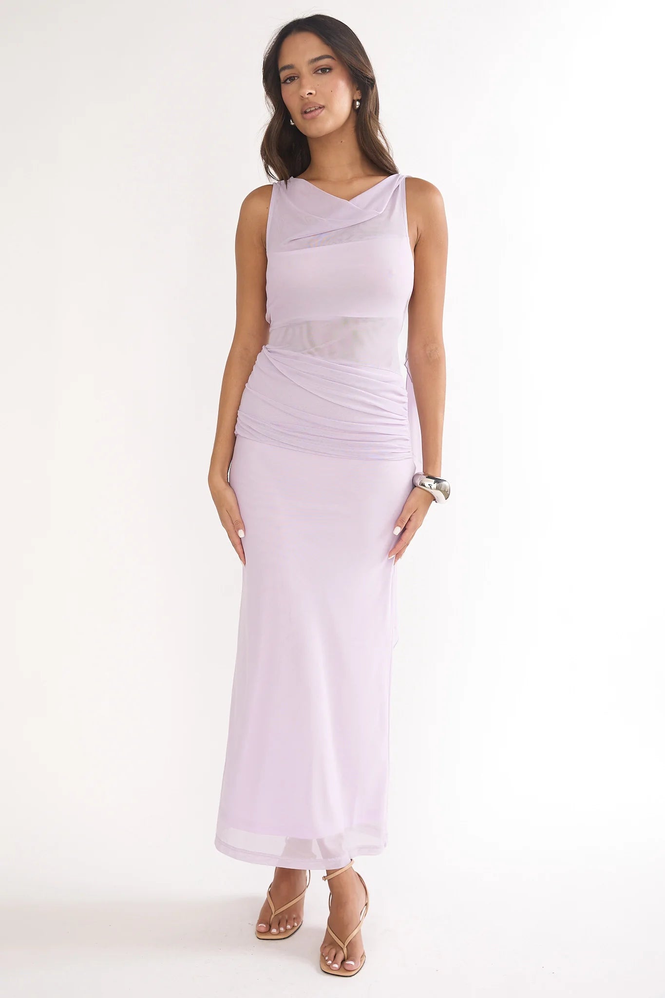 Saffra Shoulder Sash Ruched Maxi Dress Lilac