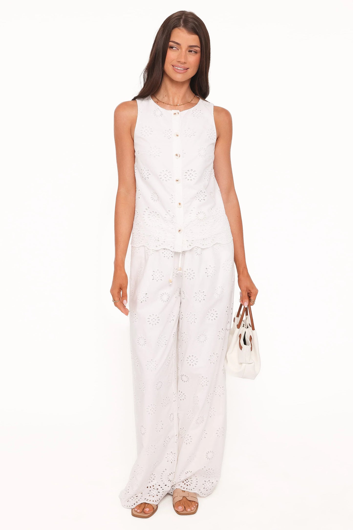 Winny Button Front Top - White Broderie