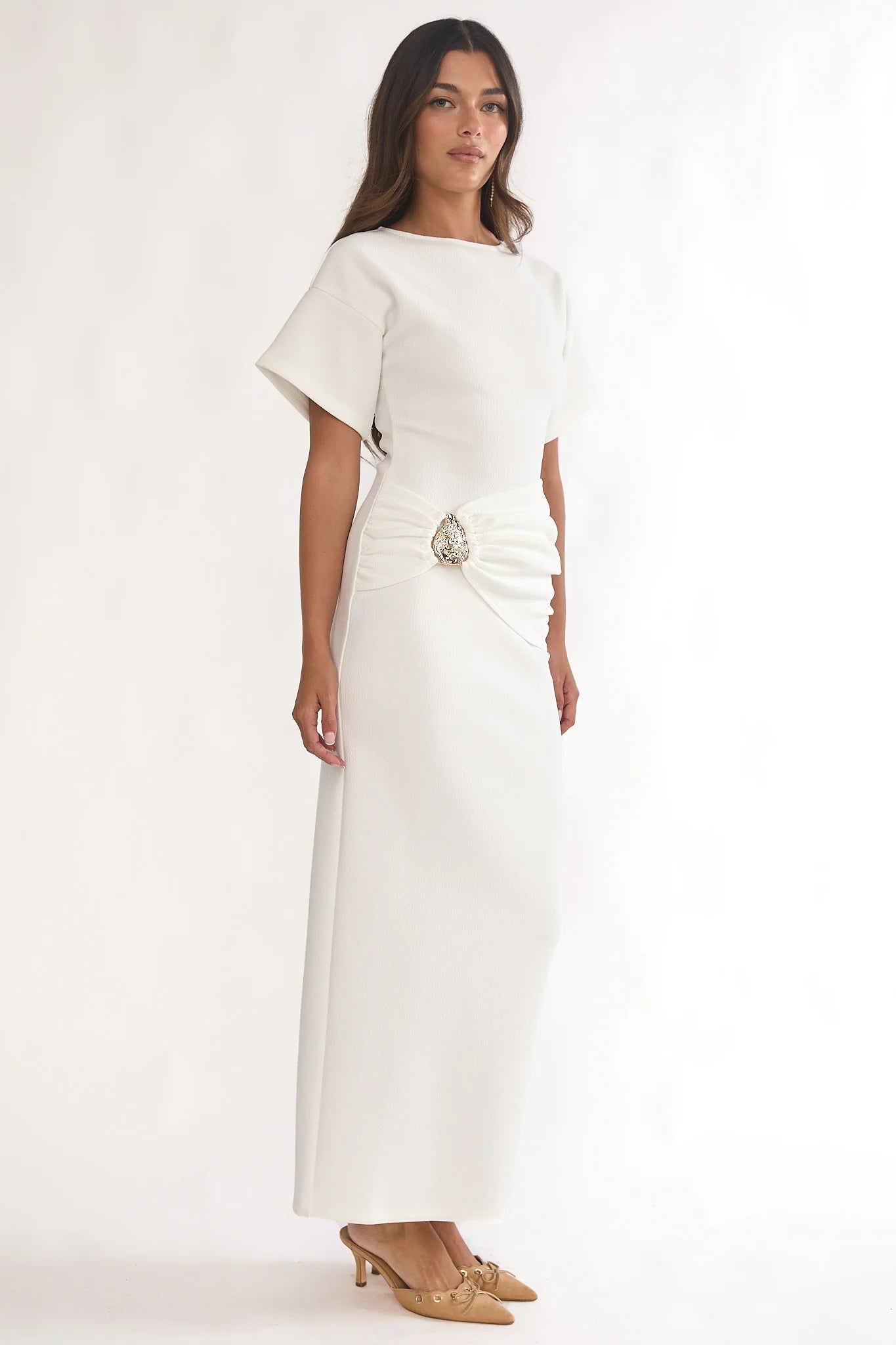 Briona Short Sleeve Buckle Maxi Dress White