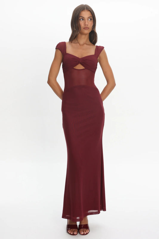 Renella Mesh Waist Maxi Dress Wine