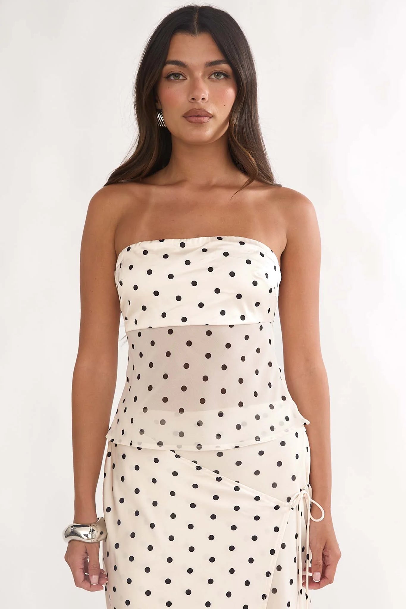 Jerica Strapless Sheer Waist Top Polka Dot Beige