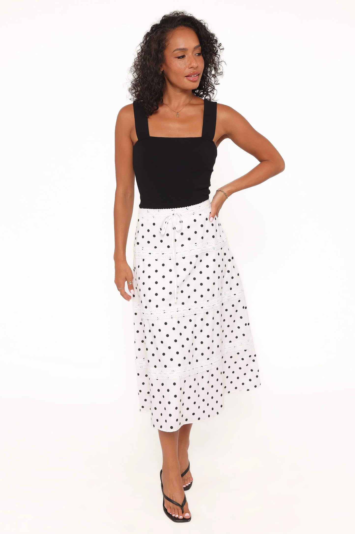Lucia Tiered Midi Skirt - White Polka Dot