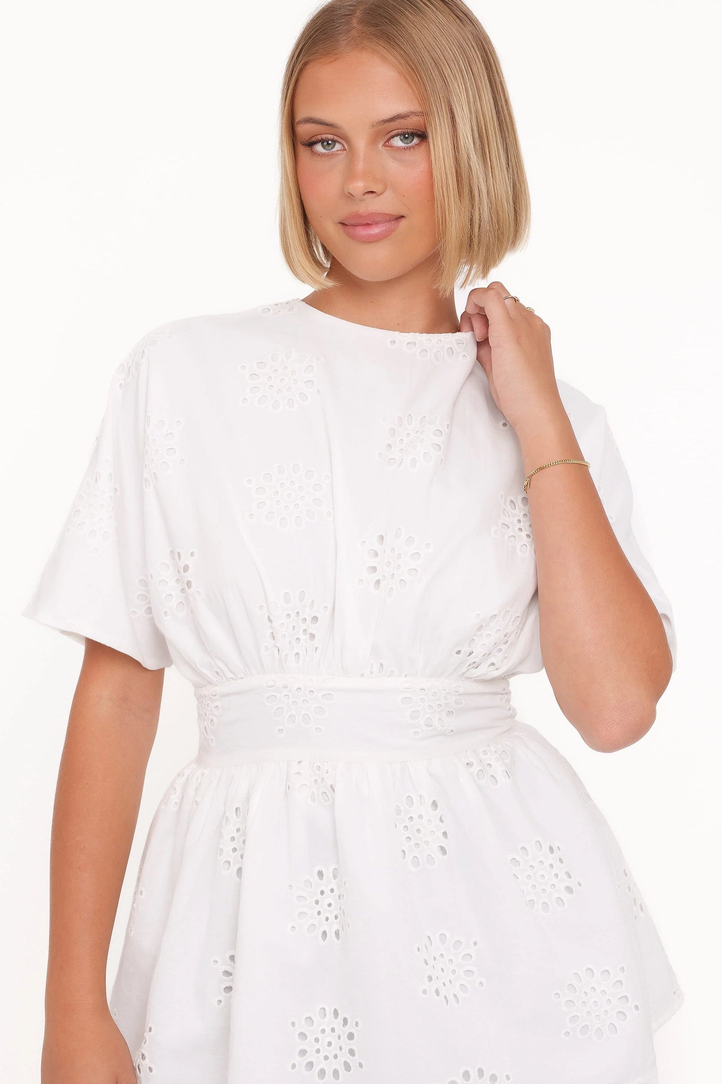 Carmel Tie Back Tunic Top - White Embroidery