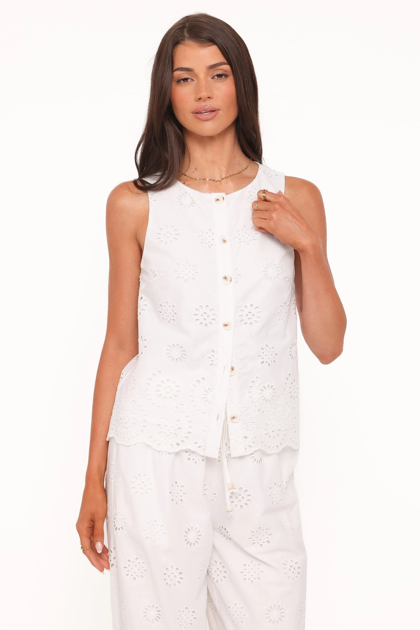 Winny Button Front Top - White Broderie
