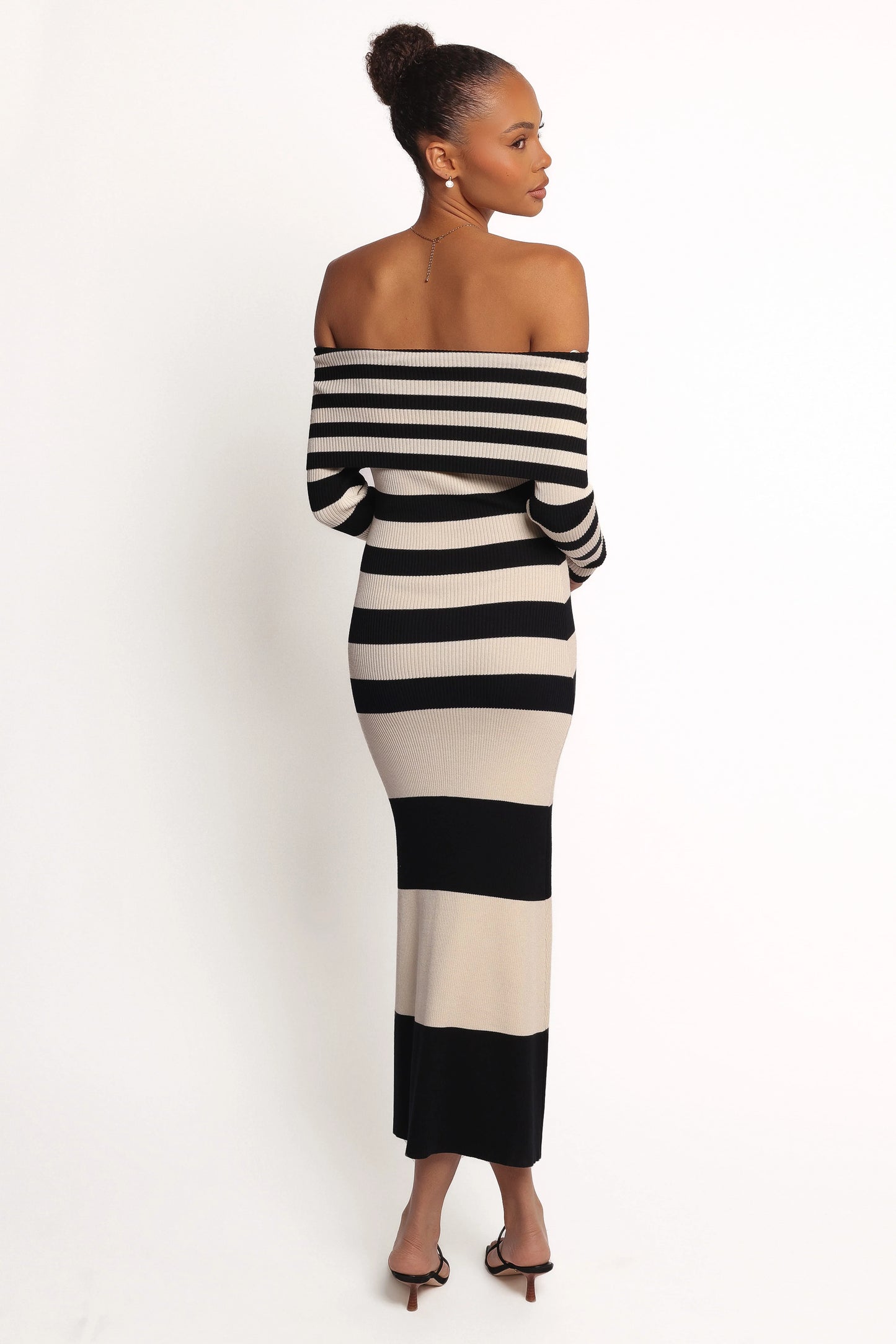 Banks Off Shoulder Knit Dress - Black Cream Stripe