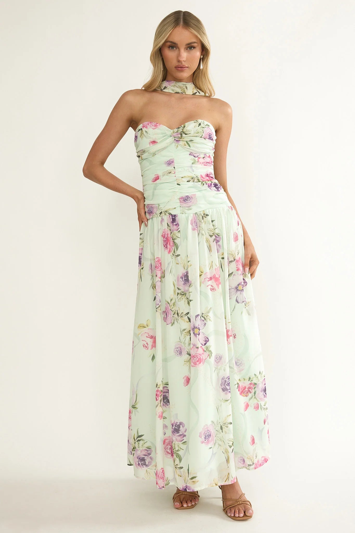 Novarra Twist Bust Strapless Maxi Dress Floral Mint