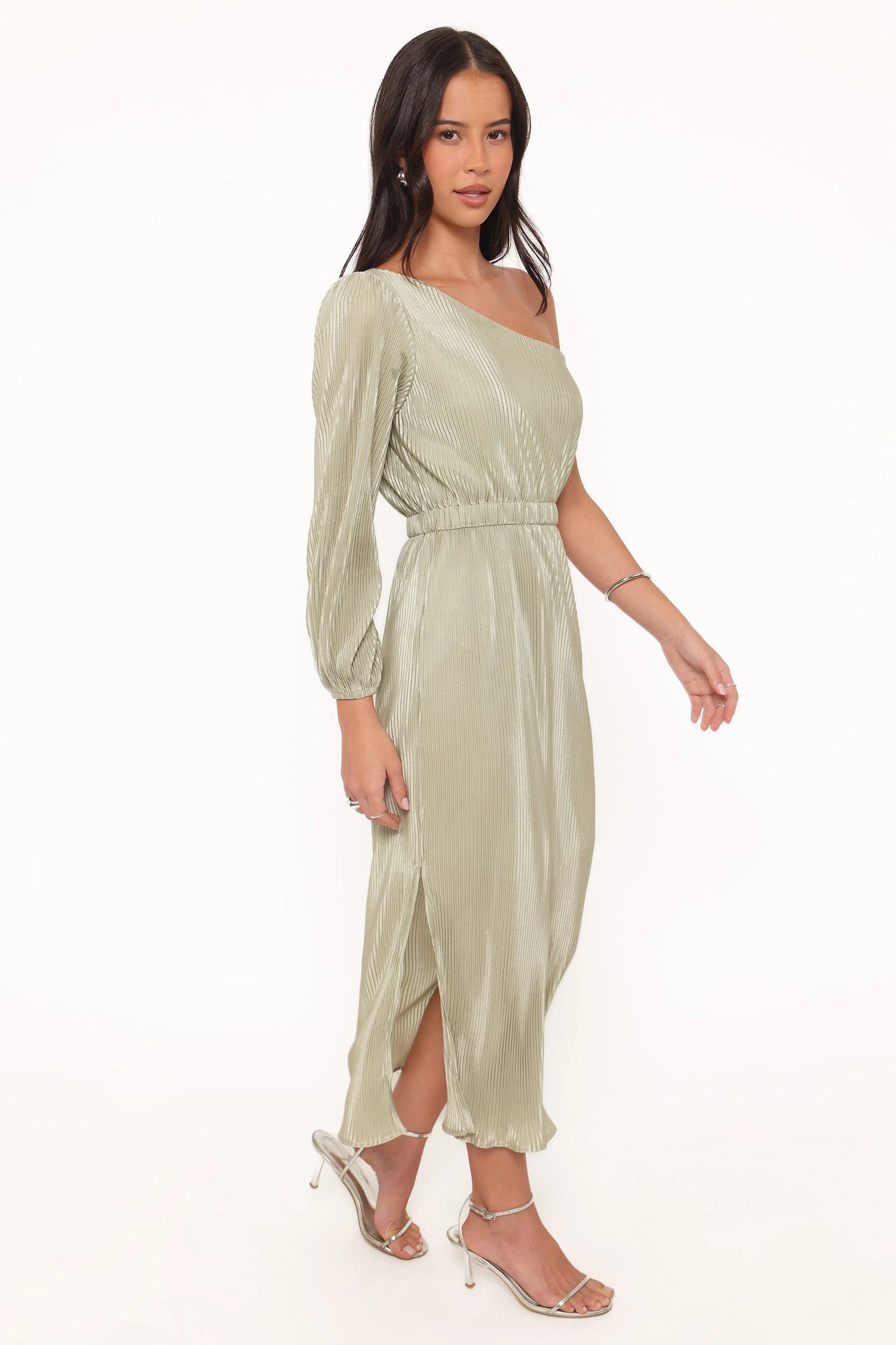 Pontee One Shoulder Pleated Midi Dress - Sage Green