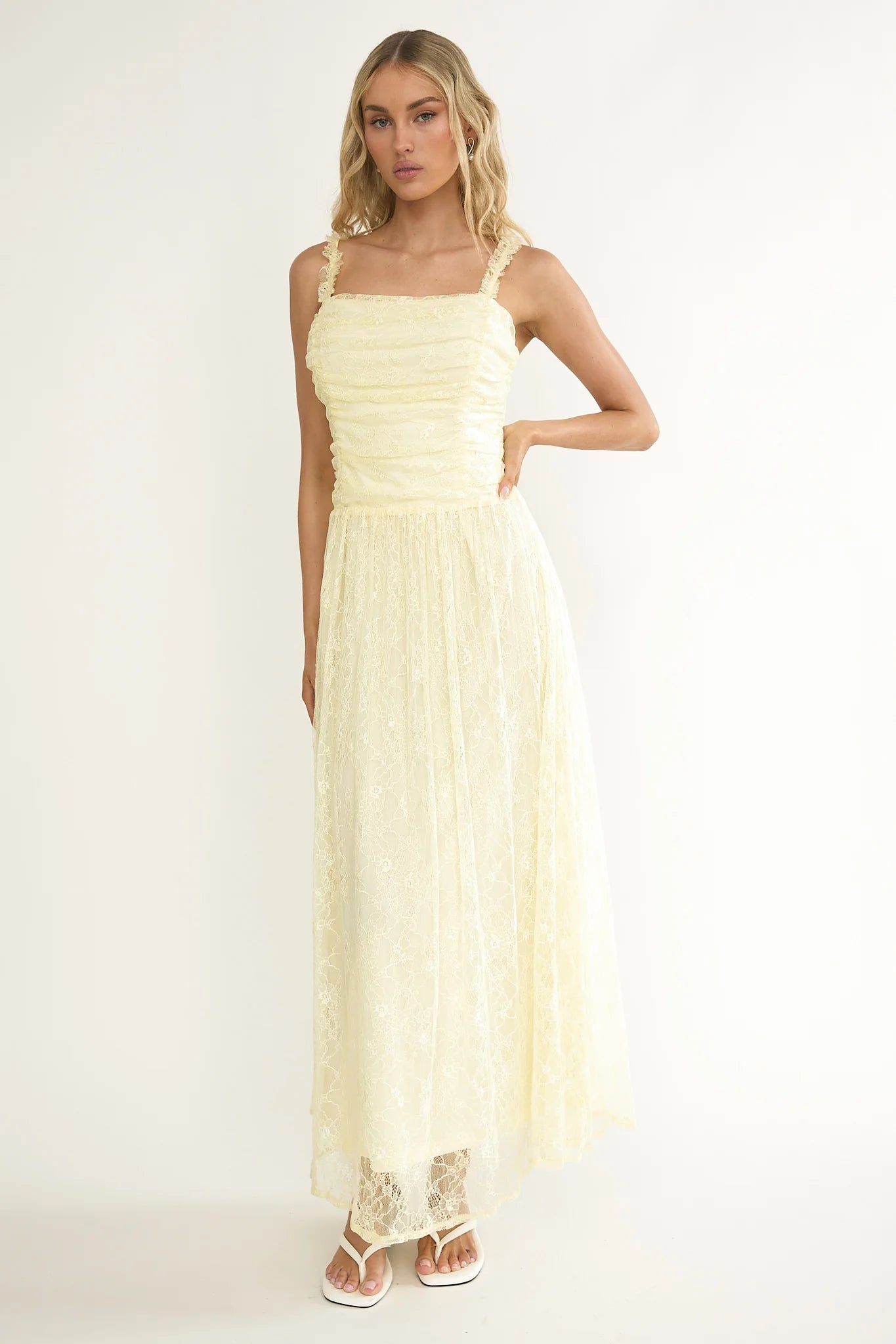 Dahlin Frill Strap Lace Overlay Maxi Dress Butter
