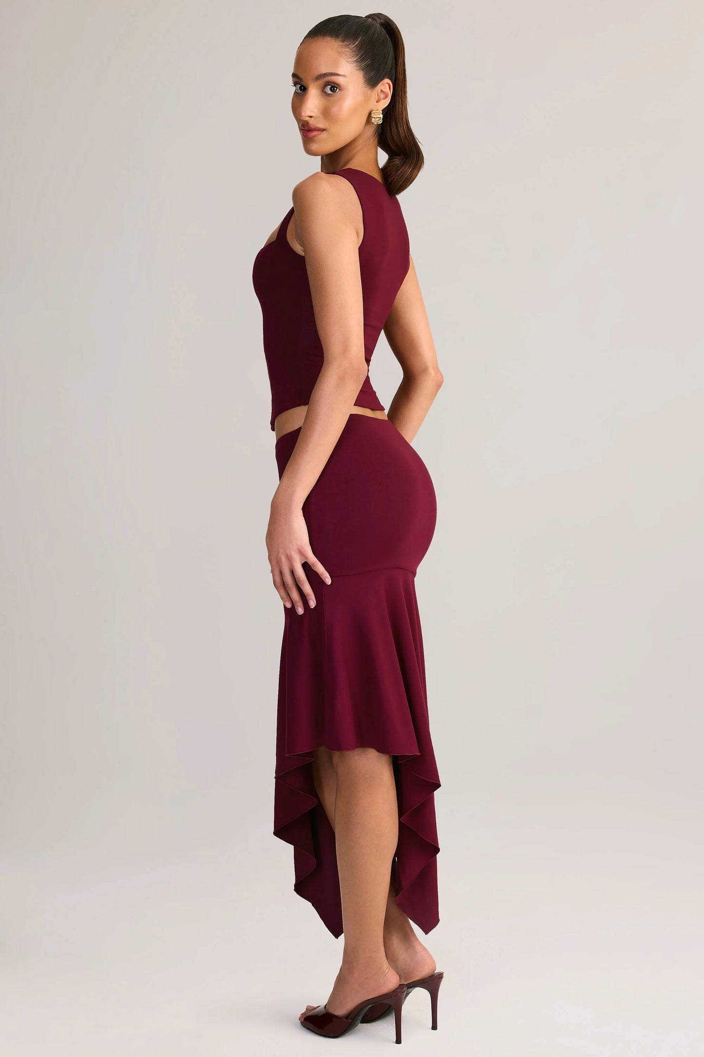 Modal Low-Rise Asymmetric Midaxi Skirt in Wine