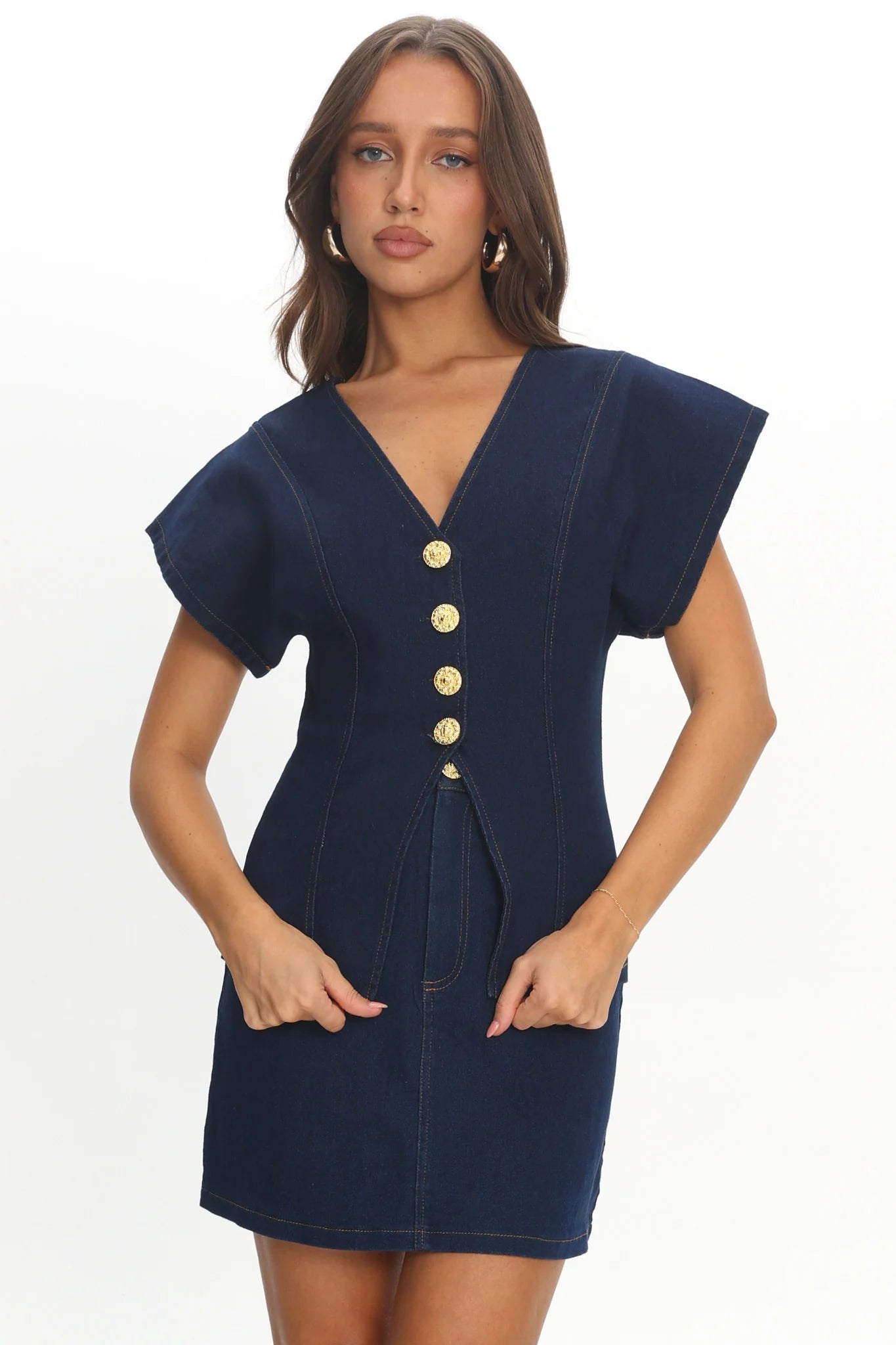 Over It Short Sleeve Button Top Denim